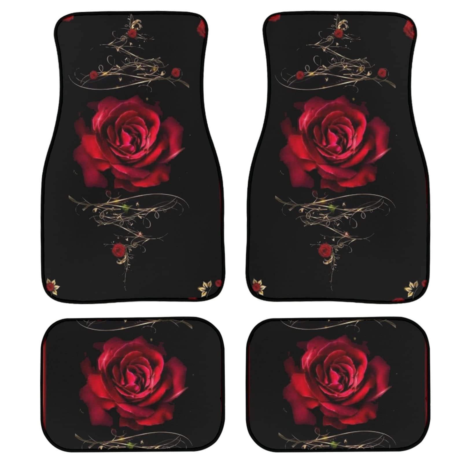 Kuiaobaty Rote Rosen Autoteppich Vintage Floral Fahrzeug Fußmatten Set von 4 Universal passend für die meisten Autos, Lieferwagen, LKWs, Limousinen, Schwarz von Kuiaobaty