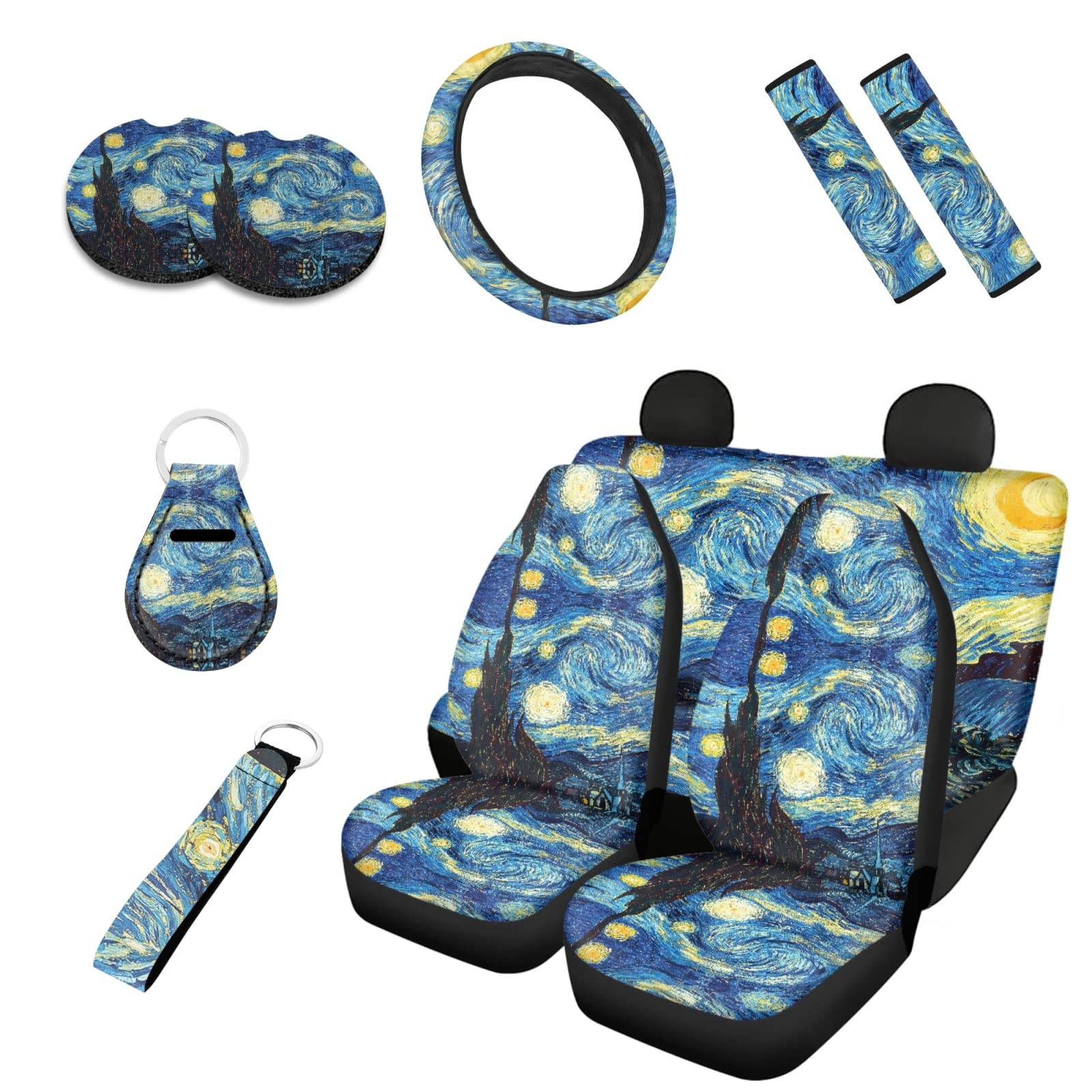 Kuiaobaty Starry Night Autositzbezüge, 10 Stück, komplettes Set, Van Gogh Art Autositze, Schutzbezüge, passend für Minivan, SUV, LKW von Kuiaobaty
