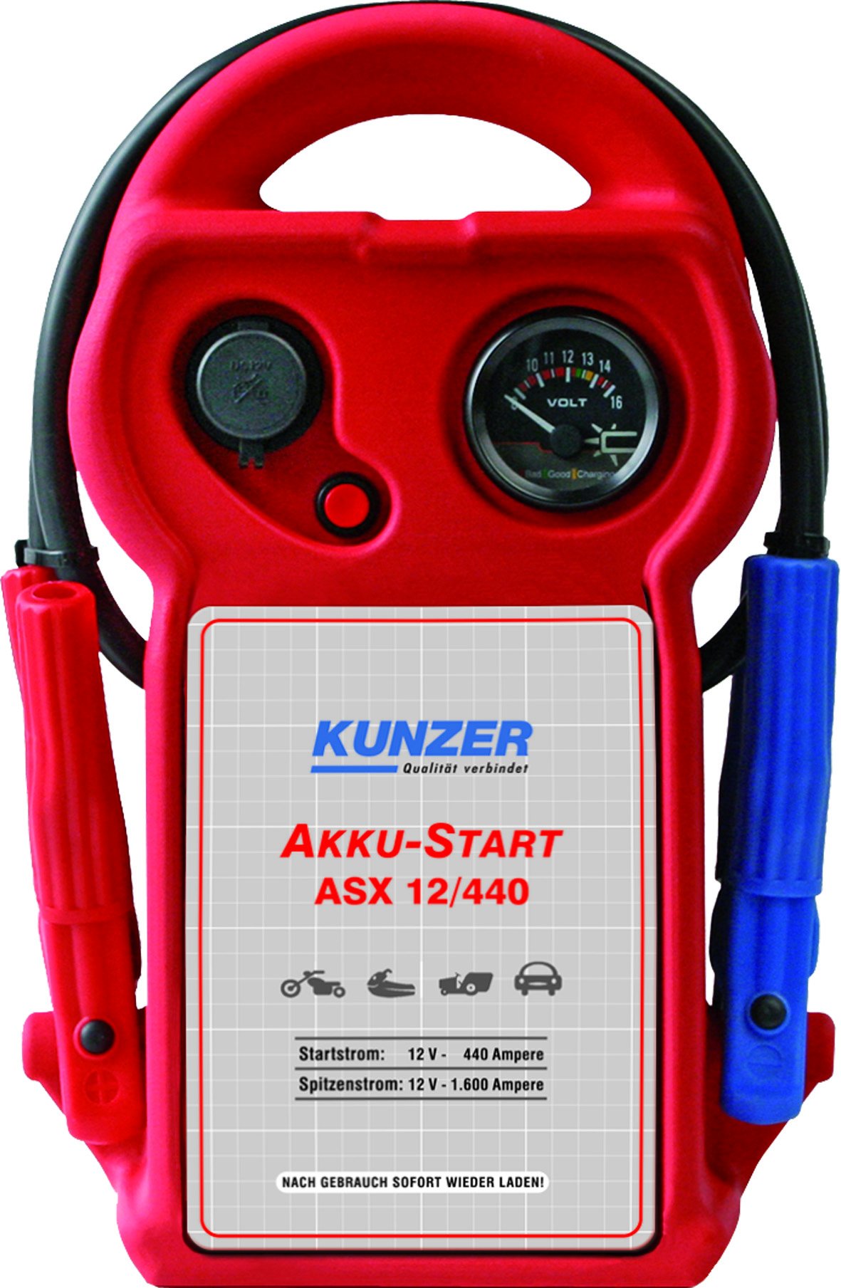 KUNZER ASX 12/440 Akku-Start tragbar 12V 1.600/440 A – Startgerät mit austauschbarer AGM Batterie auf Blei-Säure-Basis von Kunzer