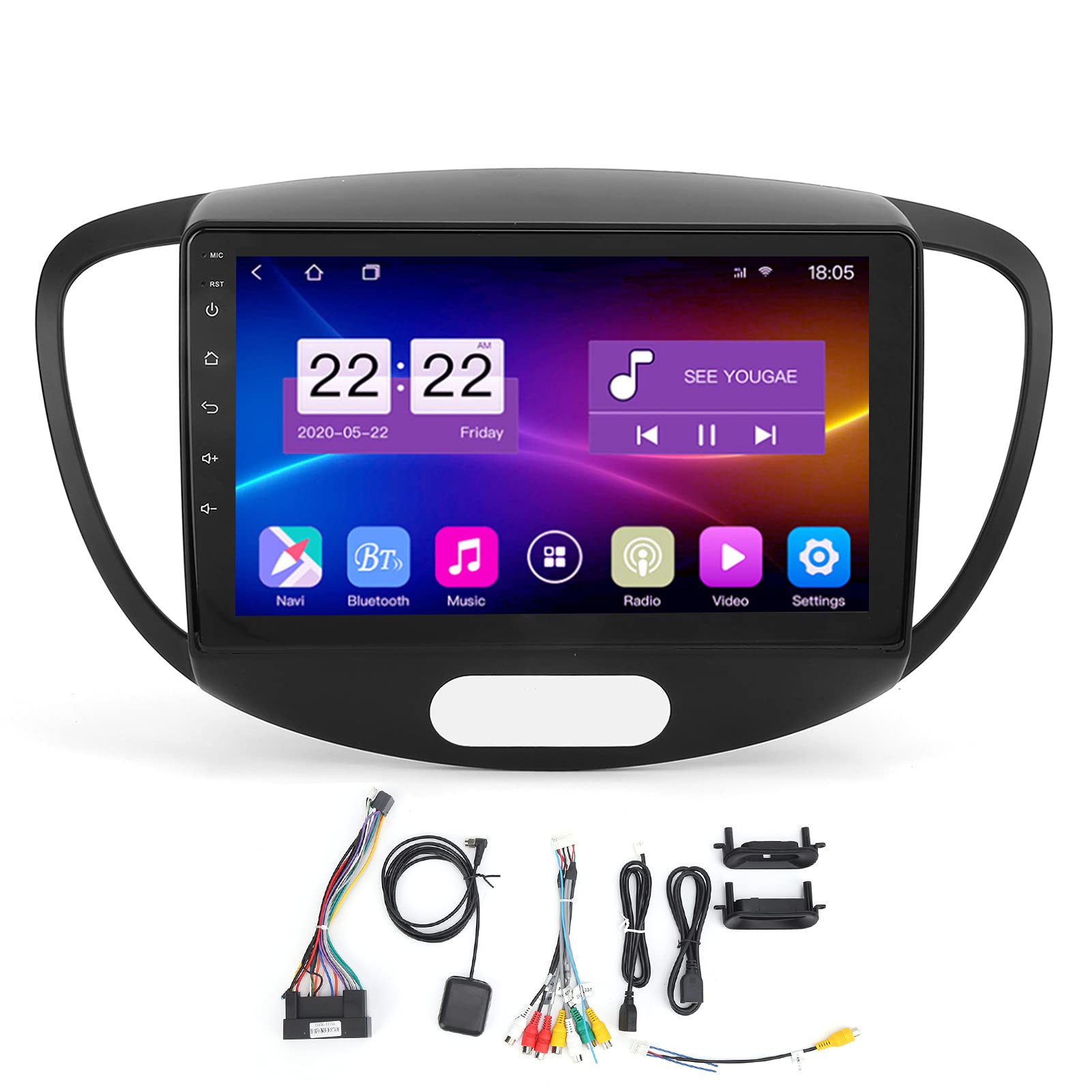 Auto-Videoplayer, intelligentes GPS-Display, 9-Zoll-Auto-Player, Multimedia-Navigation für Android 10.0 Blueteeth 4.0, Ersatz, passend für Hyundai I10 2007-2013(1+16G) von Kuuleyn