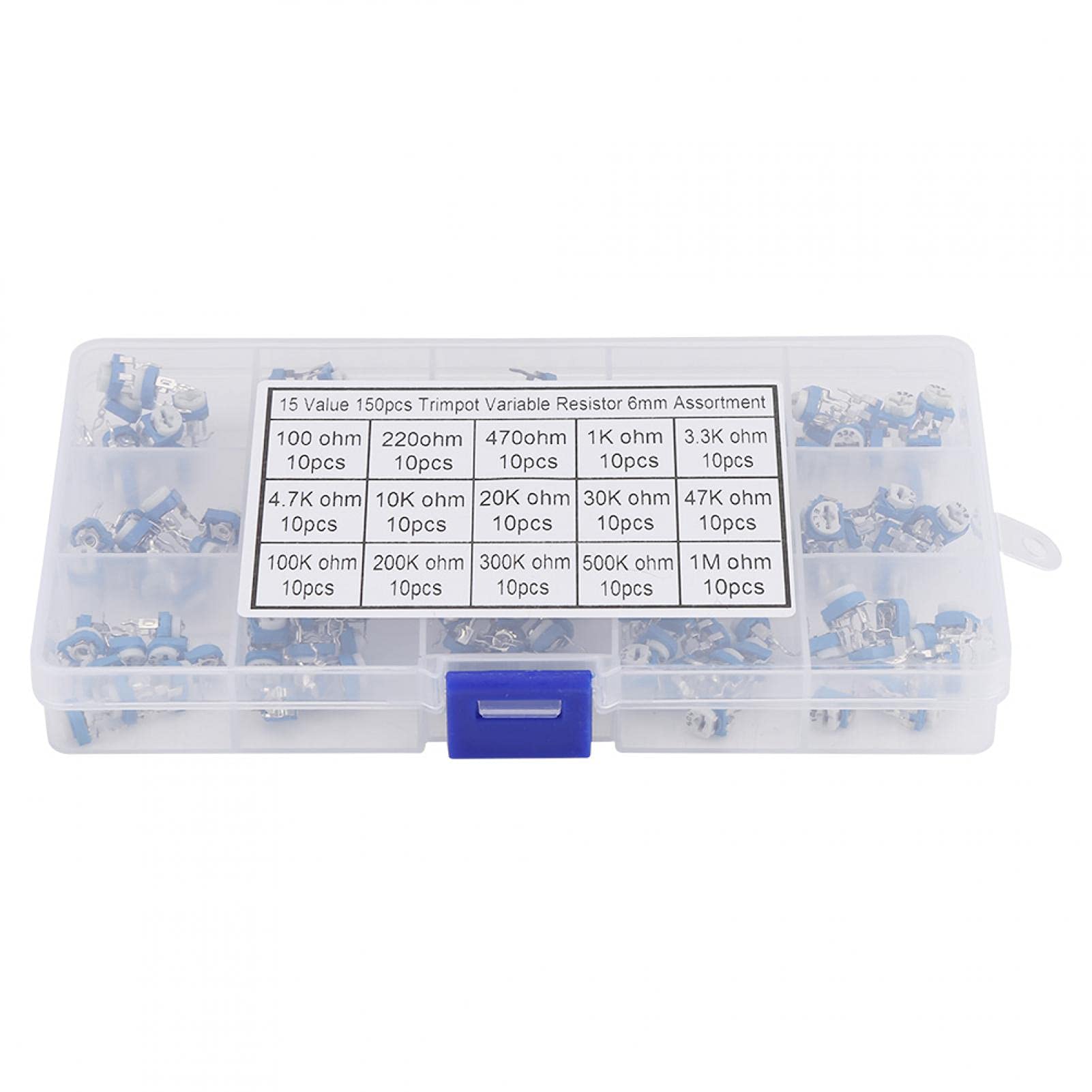 Trimmpotentiometer, Potentiometer-Sortiment-Kit, 150 Stück Blau Weiß 100 Ohm-1 MOhm Vertikale PCB Preset Variabler Widerstand Trimmer Potentiometer Trimmpotentiometer, Potentiometer-Sortiment-Kit, 150 Stück Blau Weiß 100 Ohm-1 MOhm Vertikale PCB Preset Variabler Widerstand Trimmer Potentiometer von Kuuleyn