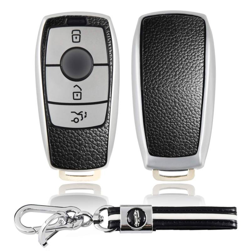 Kwak's TPU Schlüsseletui mit Ledermuster Kompatibel für Mercedes Benz New C Class/E Class/A Class GLC GLB C260L E300L Smart Autoschlüssel Weiche Autoschlüsselabdeckung mit Schlüsselbund-Aurora Silber von Kwak's