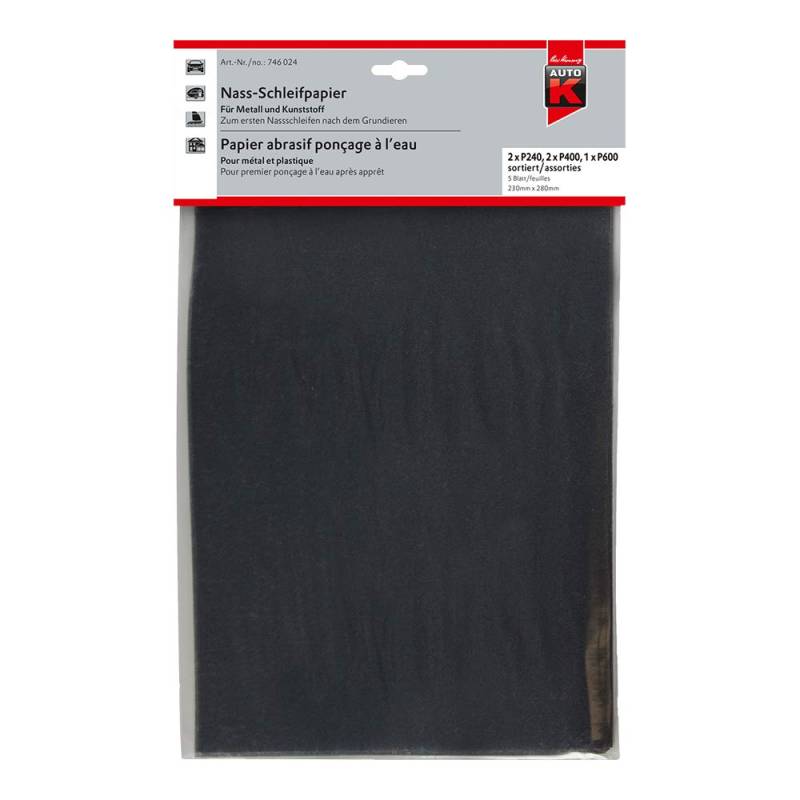 Kwasny Auto-K Nass-Schleifpapier Schleifpapier Kunststoff Metall gemischt 2x P240 2x P400 1x P600 5 Stück von Kwasny