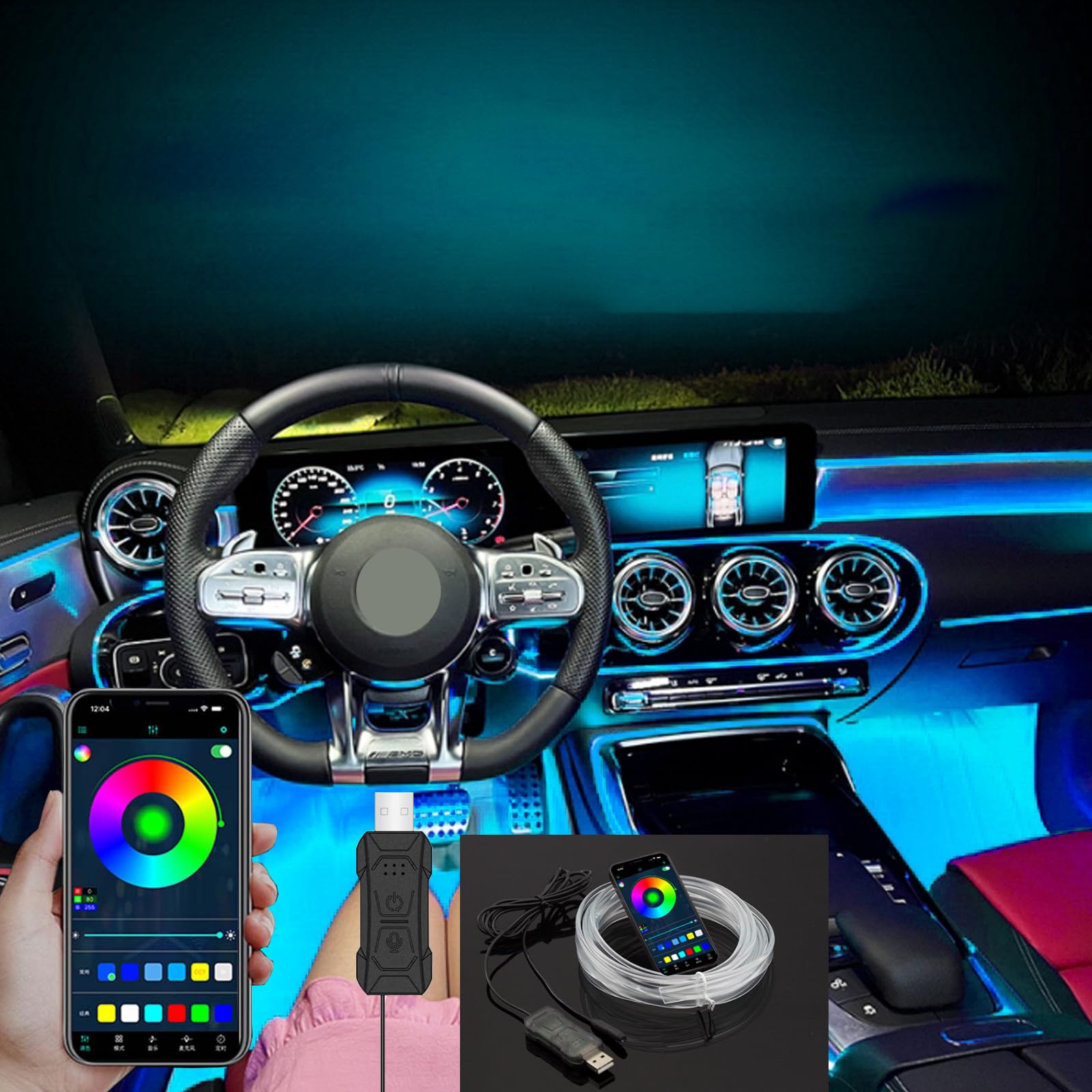 Auto LED Innenbeleuchtung,7 Farben Musik Anpassen Erwenden Sie die APP-Steuerung,USB EL Wire Auto 5m/16.4ft Ambientebeleuchtung 5v Autolicht Geeignet für Armaturenbrettfugen, DIY-Designs von Kwoxet