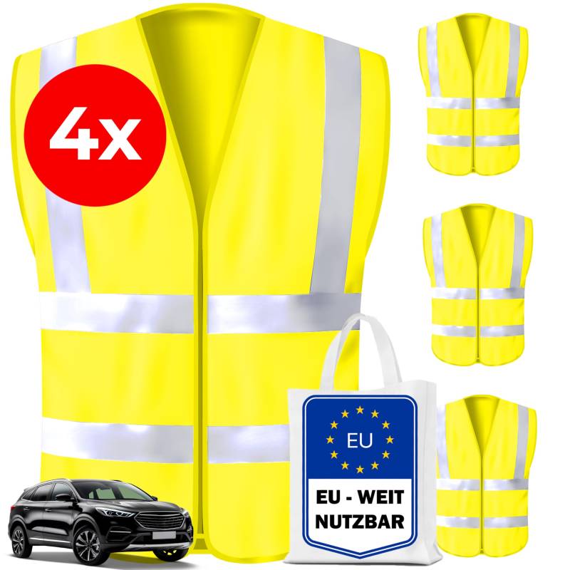 Kyto Warnwesten Auto Sicherheitsweste reflektierend - EU-Weit nutzbar iso 20471-4er Set Warneweste inklusive Tasche, Herren und Damen von Kyto