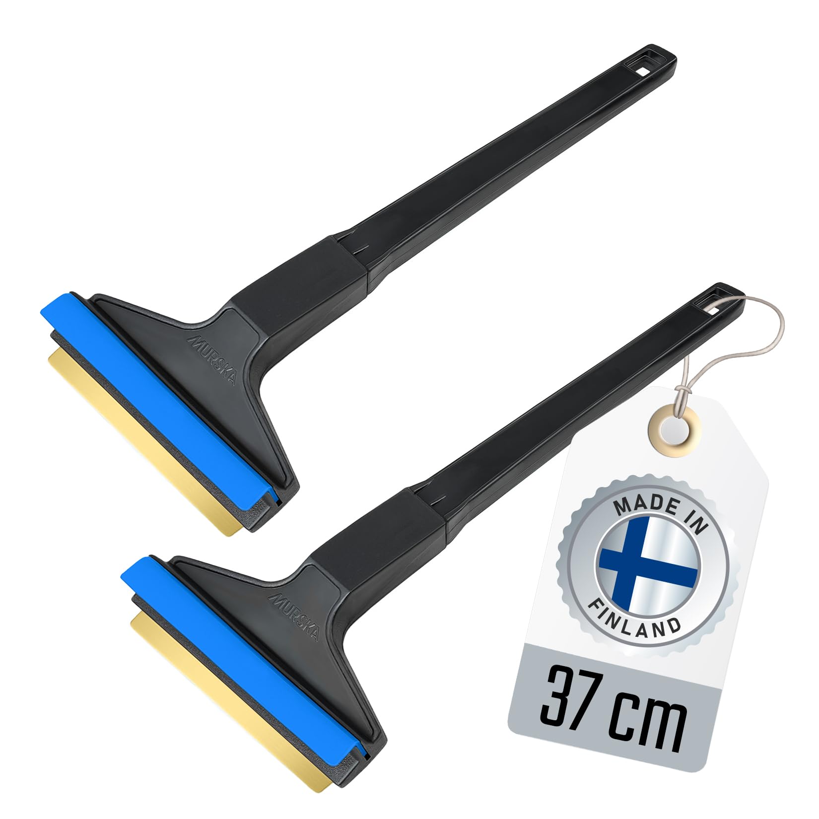 Eiskratzer Auto lang - [2 Stück] Scheibenkratzer Auto 37cm - schnell, mühelos & schonend - Premium HIPS - Murska mit Messingklinge & Gummilippe - effizienter Schneekratzer - Finnland Schwarz Blau von L & P Car Design