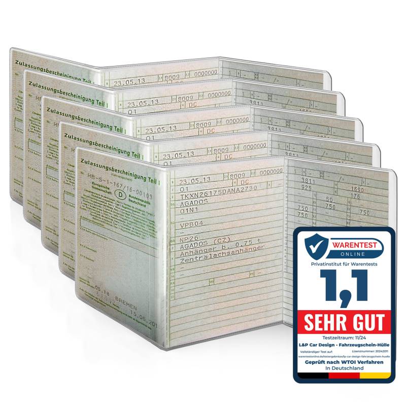 Fahrzeugschein Hülle - Schutzhülle [ 5 Stück ] KFZ Schein Hülle 3-tlg passgenau, glasklar, dokumentenecht & faltbar - Zulassungsschein Hülle transparent - Mappe Schutzfolie Etui aus PVC - L&P A250-5 von L & P Car Design