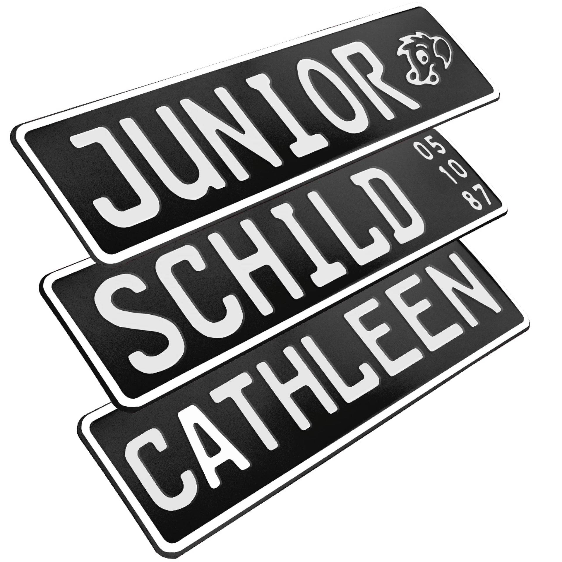 1 Stück Kennzeichen Junior-Schild 34cm x 9cm Bohrung Farbwahl Wunschtext Wunschprägung Muster Datum Namenskennzeichen Bohrung / Saugnäpfen Namensschild Bobbycar Kettcar FUN Schild in Schwarz glanz von L & P Car Design