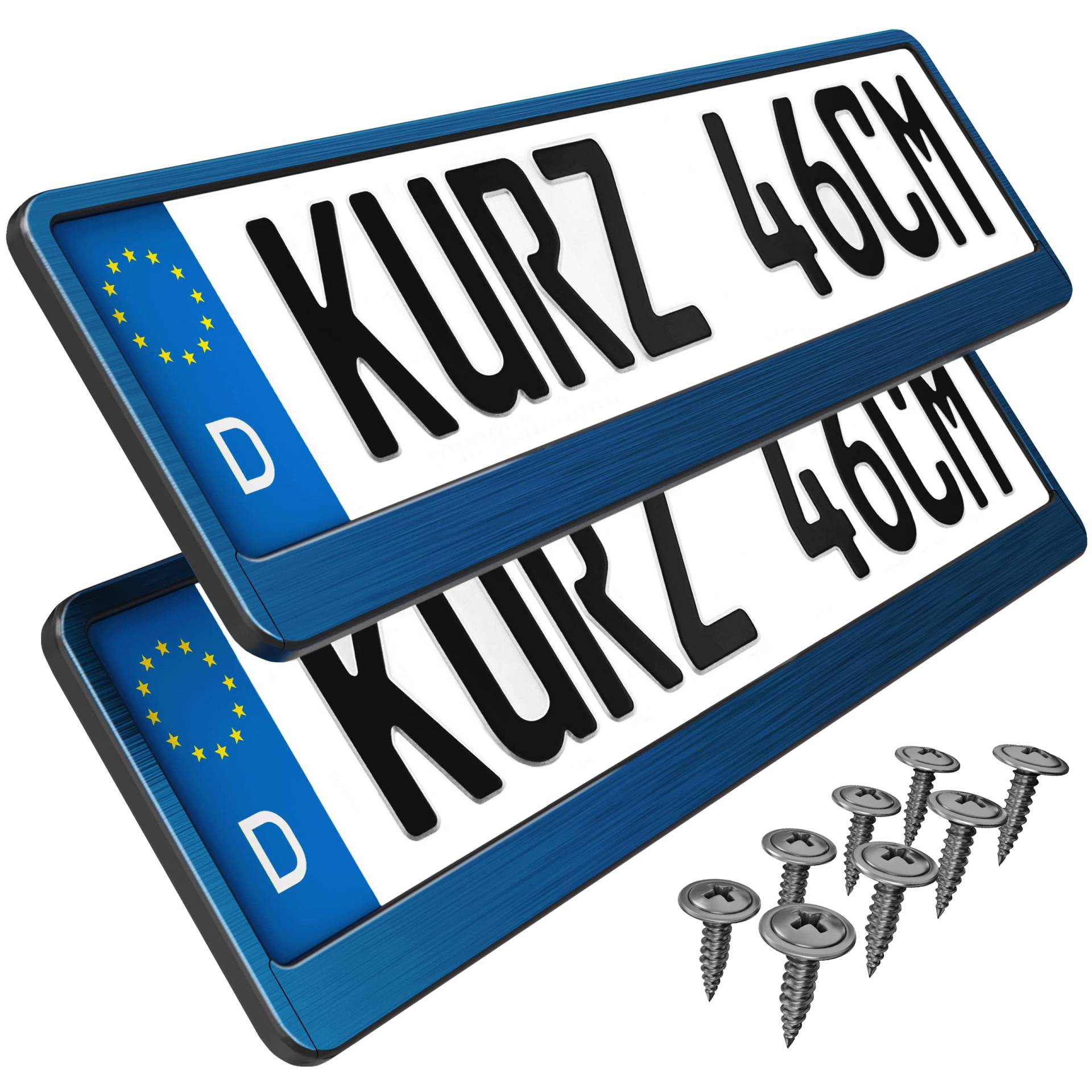 2 Kennzeichenhalter kurz 46 x 11cm Auto Nummernschildhalter Kurze Kennzeichenhalterung 460mm x 110mm kurzer Kennzeichenhalter (Blau Chrom gebürstet) von L & P Car Design
