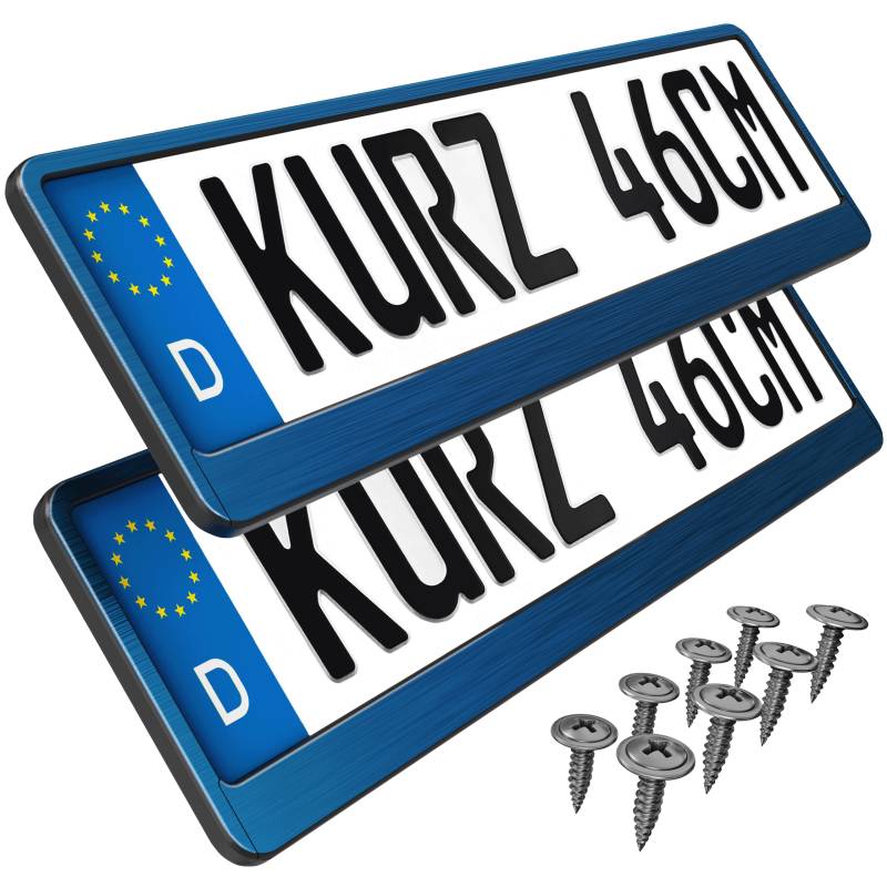 2 Kennzeichenhalter kurz 46 x 11cm Auto Nummernschildhalter Kurze Kennzeichenhalterung 460mm x 110mm kurzer Kennzeichenhalter (Blau Chrom gebürstet) von L & P Car Design