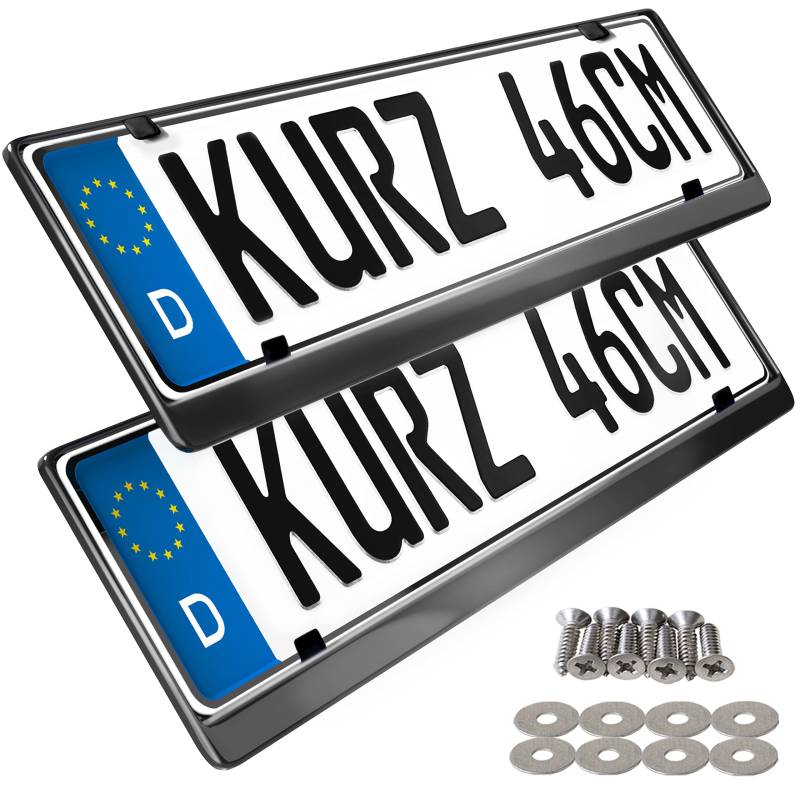 2 Kurze Kennzeichenhalter in Edelstahl für 46cm Kennzeichen - 100% Edelstahl - auch passend für gebogenen Stosstangen- INOX C.4580 460mm Halter (Black-Chrom) von L & P Car Design