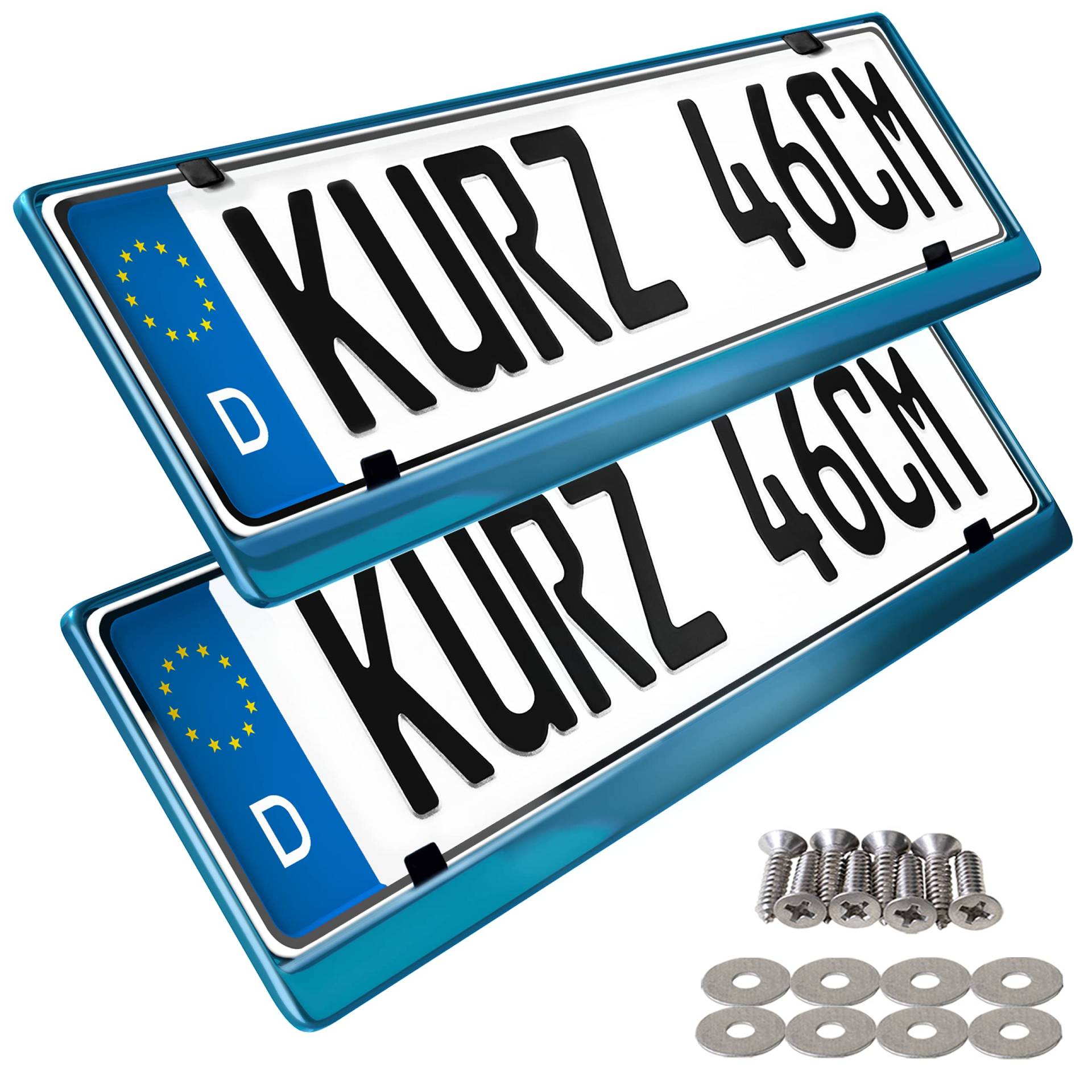 2 Kurze Kennzeichenhalter in Edelstahl für 46cm Kennzeichen - 100% Edelstahl - auch passend für gebogenen Stosstangen- INOX C.4580 460mm Halter (Blau-Chrom) von L & P Car Design