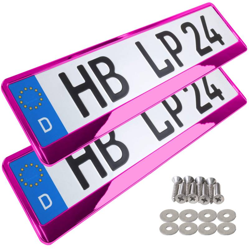 A156 Kennzeichenhalter 2 Stück Auto Nummernschildhalter Pink chrom Kennzeichenverstärker Kennzeichenhalterung Nummernschildhalterung Verstärker Halter für Kennzeichen Nummernschild edel glänzend von L & P Car Design