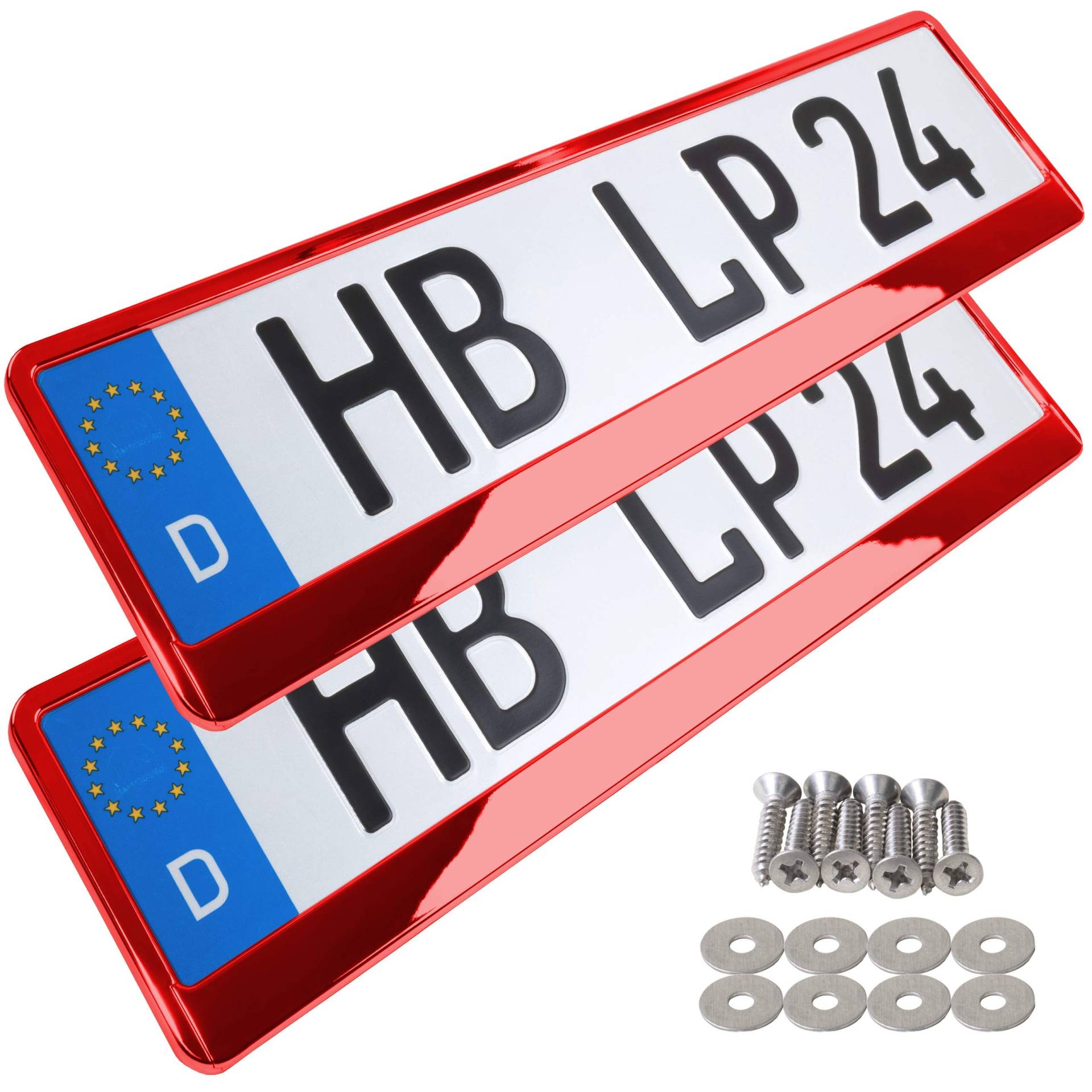 A157 Kennzeichenhalter 2 Stück Auto Nummernschildhalter rot chrom Kennzeichenverstärker Kennzeichenhalterung Nummernschildhalterung Verstärker Halter für Kennzeichen Nummernschild edel glänzend von L & P Car Design