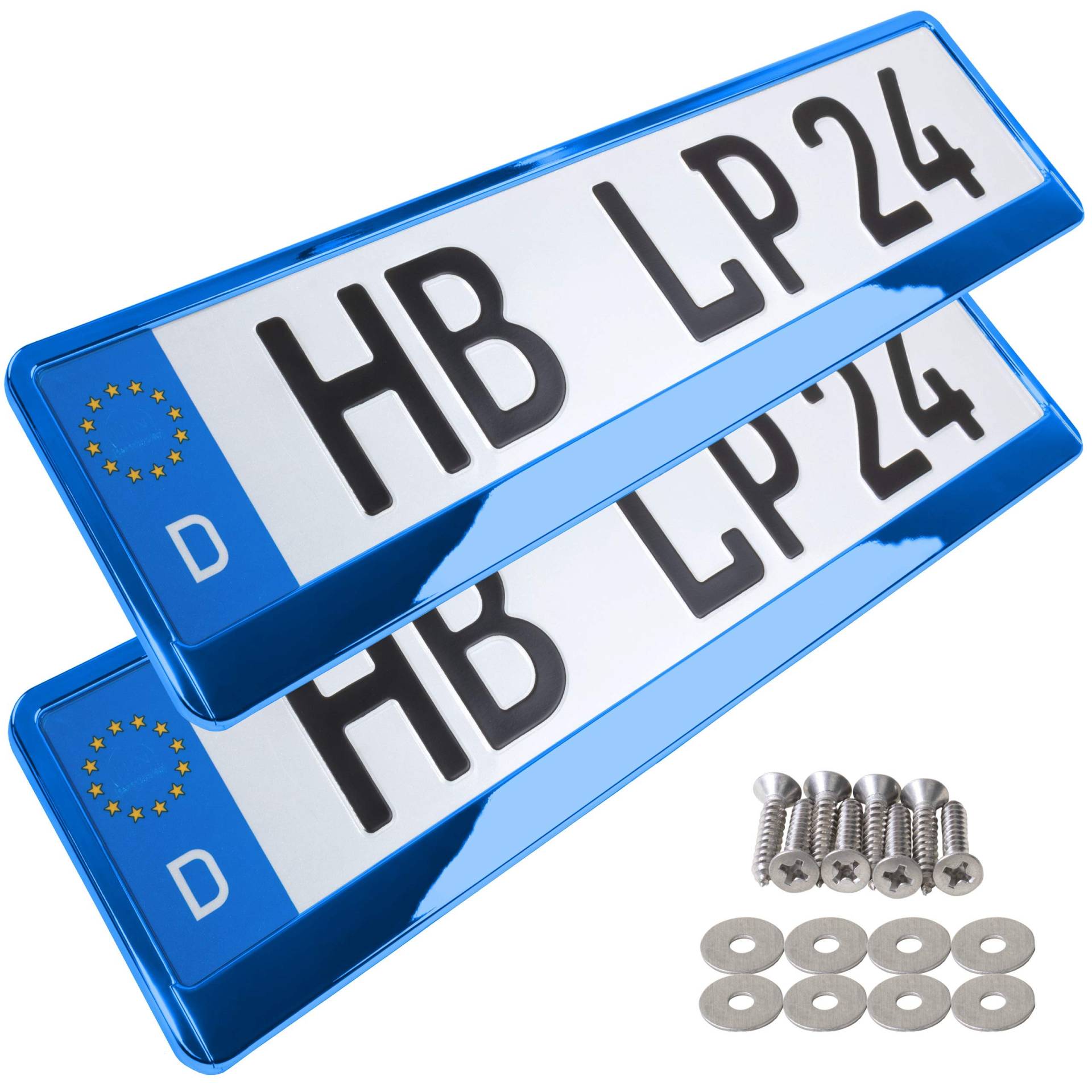 A159 Kennzeichenhalter 2 Stück Auto Nummernschildhalter blau chrom Kennzeichenverstärker Kennzeichenhalterung Nummernschildhalterung Verstärker Halter für Kennzeichen Nummernschild edel glänzend von L & P Car Design