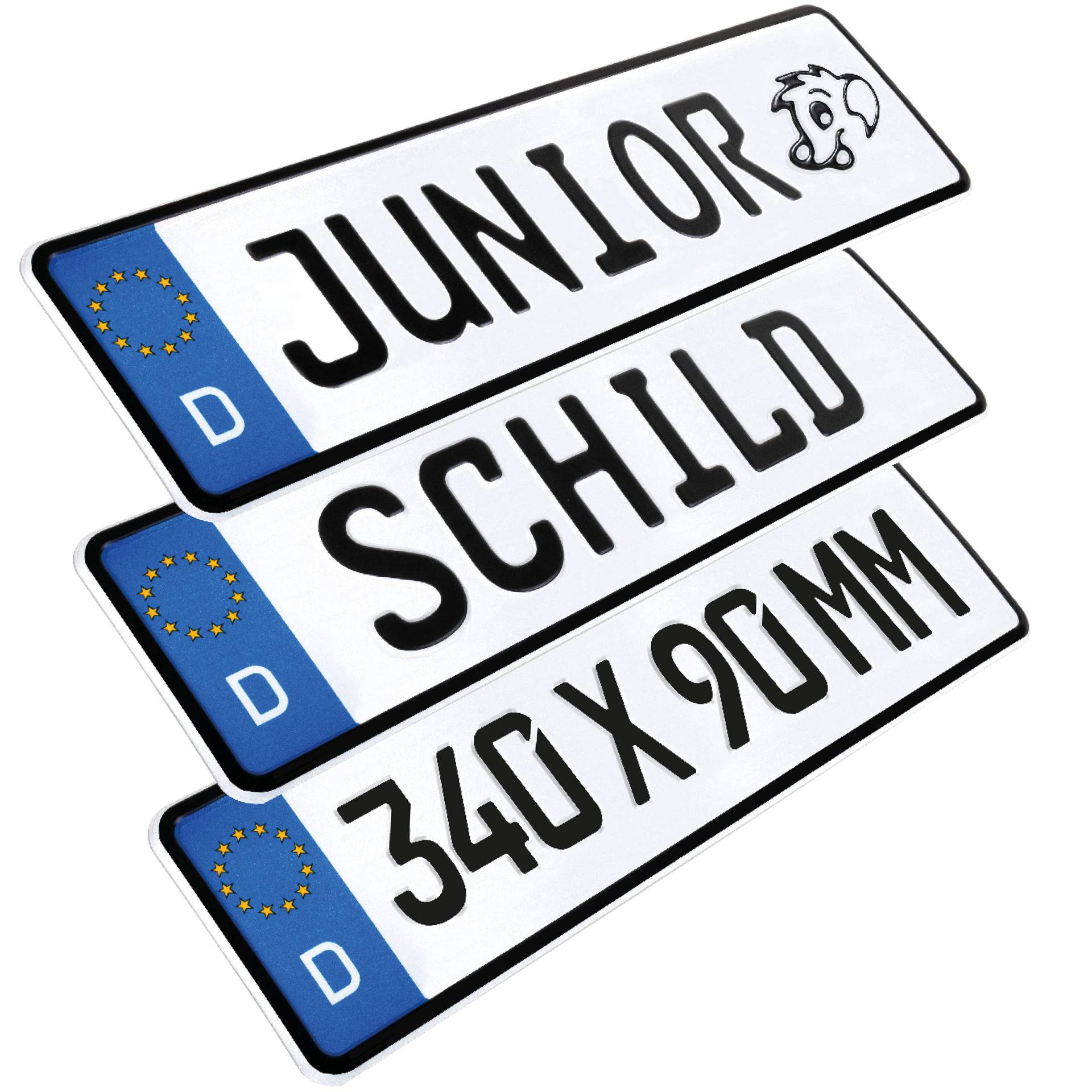 L & P Car Design 1 Stück Kennzeichen Junior-Schild 34cm x 9cm Bohrung Farbwahl Wunschtext Muster Schild Wunschkennzeichen Wunschprägung Namenskennzeichen Namensschild Bobbycar Kettcar Fun Schild von L & P Car Design