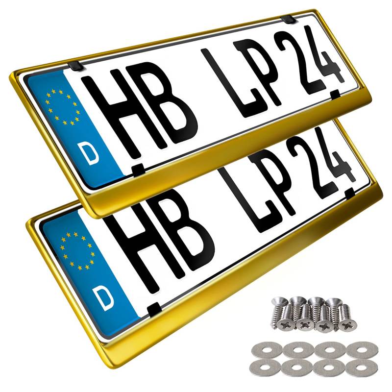 L & P Car Design 2 x Kennzeichenhalter in Edelstahl poliert - 100% Edelstahl -auch passend für gebogenen Stosstangen- INOX C.4580 (Gold-Chrom) von L & P Car Design