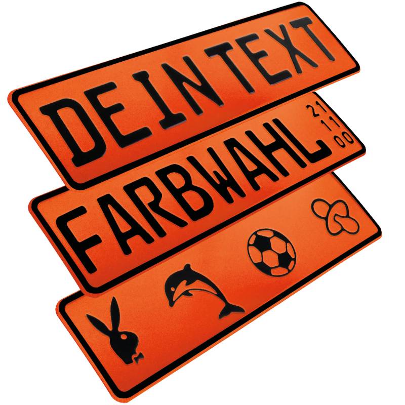 L & P Car Design FKZ 1 Stück Fun Kennzeichen 52cm x 11cm Wunschtext Bohrung Beschichtungsfarbe Individuell Wunschkennzeichen Wunschprägung Namenskennzeichen Namensschild Farbe ORANGE von L & P Car Design