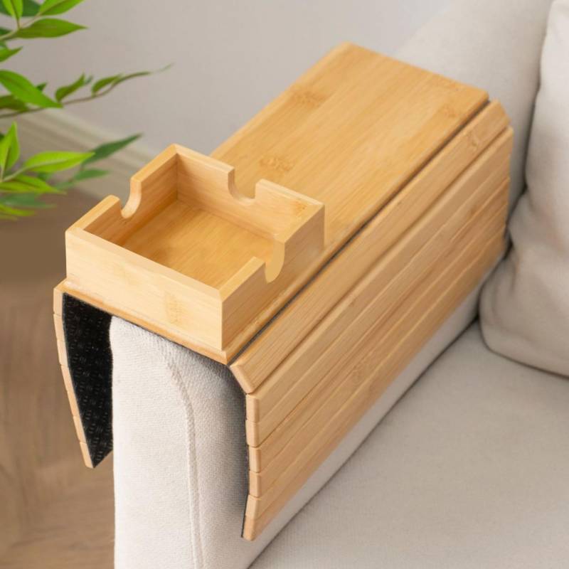 Bambus Couch Cup Halter, 13 Zoll Faltbare Couch-Armschale mit Tassenhalter Anti-Slip-Sofa Arm Tablett für Snacks Telefon Fernbedienung, 13 Zoll Größe von LAANCOO