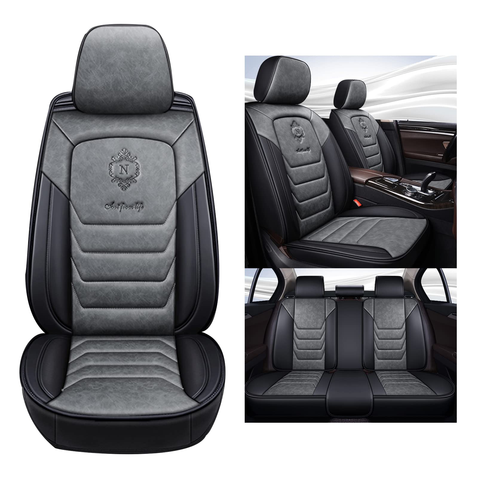 LADUMU Sitzbezüge Auto Universal Set Zubehör für Skoda Enyaq iV 80/Enyaq iV 60/Enyaq Sport iV 80/Praktik/Rapid/Rapid Spaceback/Roomster/Scala Autositzbezüge Wasserdichtes Leder, grau von LADUMU