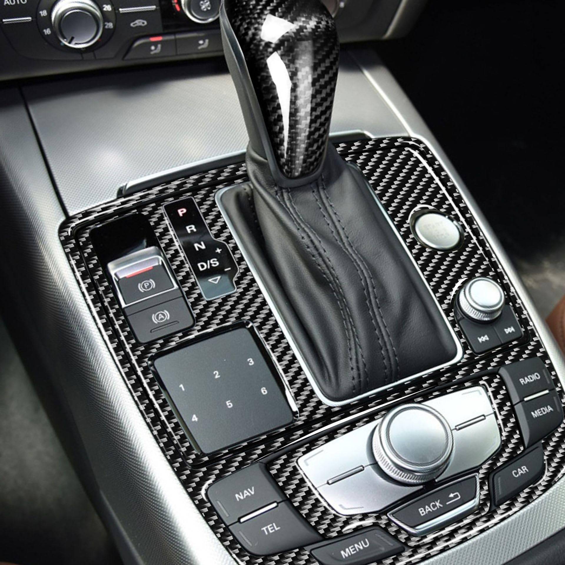 LAINGJINGMEI Echte Carbon Faser Auto Getriebe Shift Box schaltknauf Kopf Rahmen Abdeckung Aufkleber for 2012-2018 Kompatibel for Audi a6 S6 C7 A7 S7 4G8 von LAINGJINGMEI