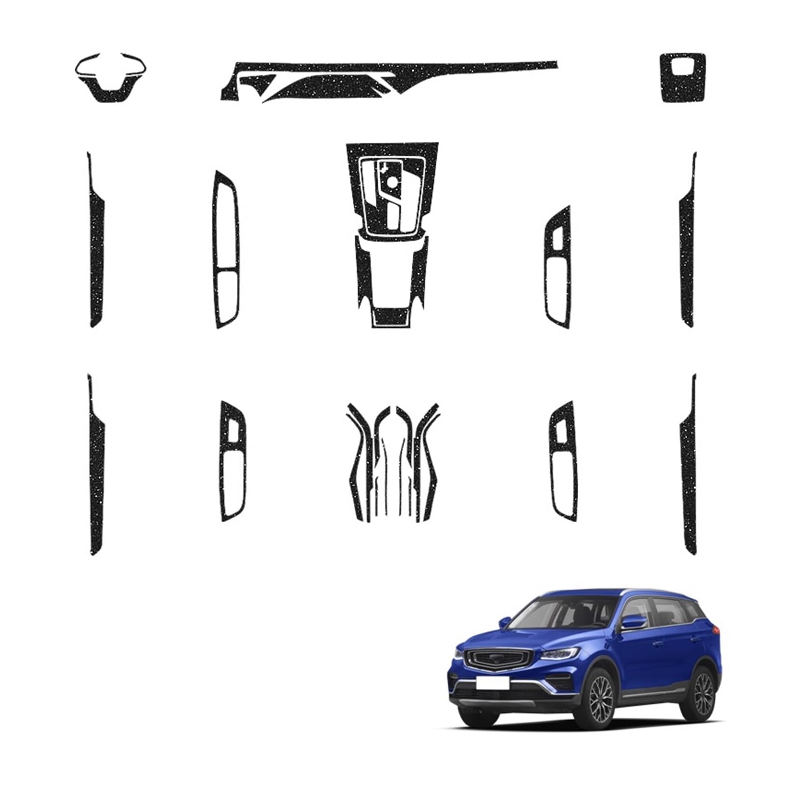 LAINGJINGMEI Kompatibel for Geely AZKARRA Atlas Pro 2020–2025, Auto-Innenaufkleber, Hebefenster-Panel, Getriebe, Lenkrad-Schutzfolie, Zubehör(Flash Point Black) von LAINGJINGMEI