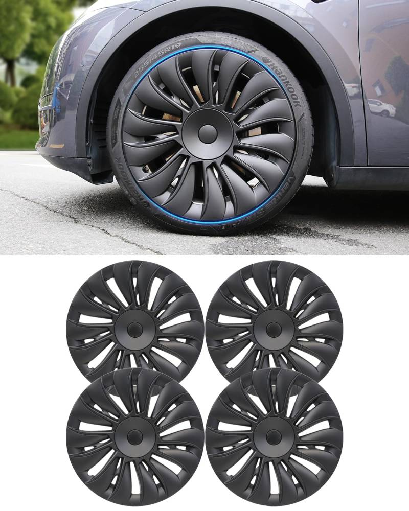 Satz von 4 Ersatz 19" Radkappen kompatibel mit Tesla Model y matt schwarz (Keine Unterscheidung zwischen Links und rechts) von LALAIJDOU