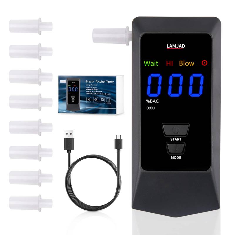 LAMJAD Alkoholtester, Wiederaufladbares Alkoholmessgerät mit 8 Mundstücken,Alkoholtester Polizeigenau mit USB-Aufladung und Digitalem LCD-Bildschirm von LAMJAD