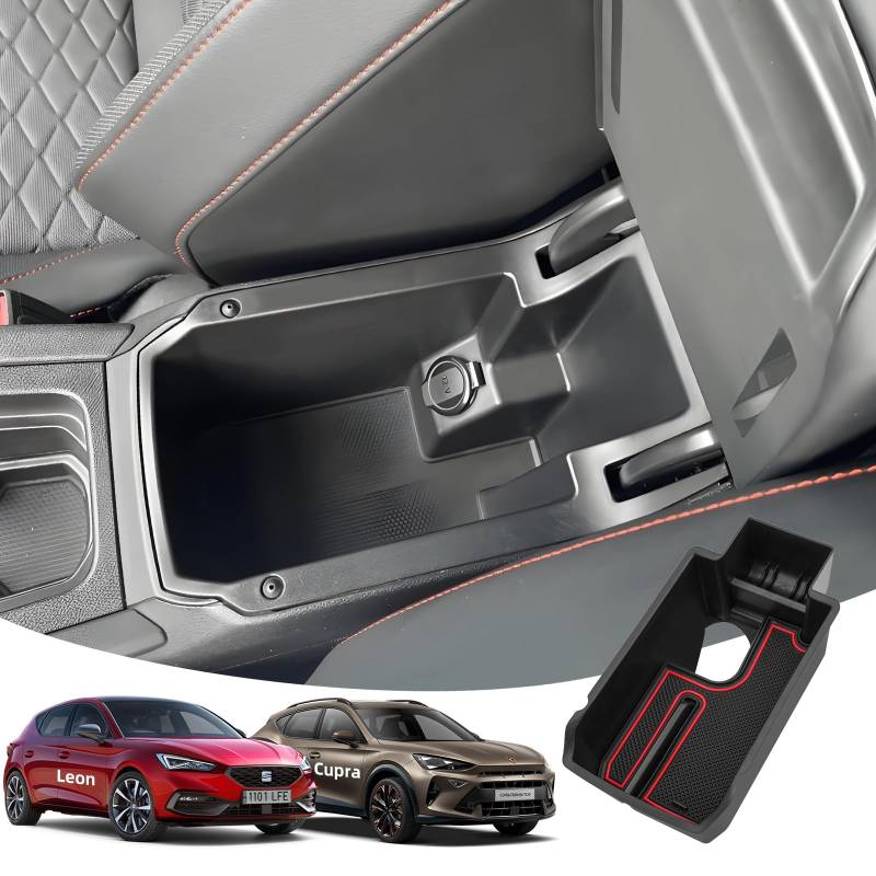 LANGBEAN Armlehne Aufbewahrungsbox für Seat Leon 2025 2024 2023 2022 2021 2020, Mittelkonsole Organizer mit Antirutschmatten für Cupra Formentor, Armlehne Organizer Zubehör, Rot von LANGBEAN
