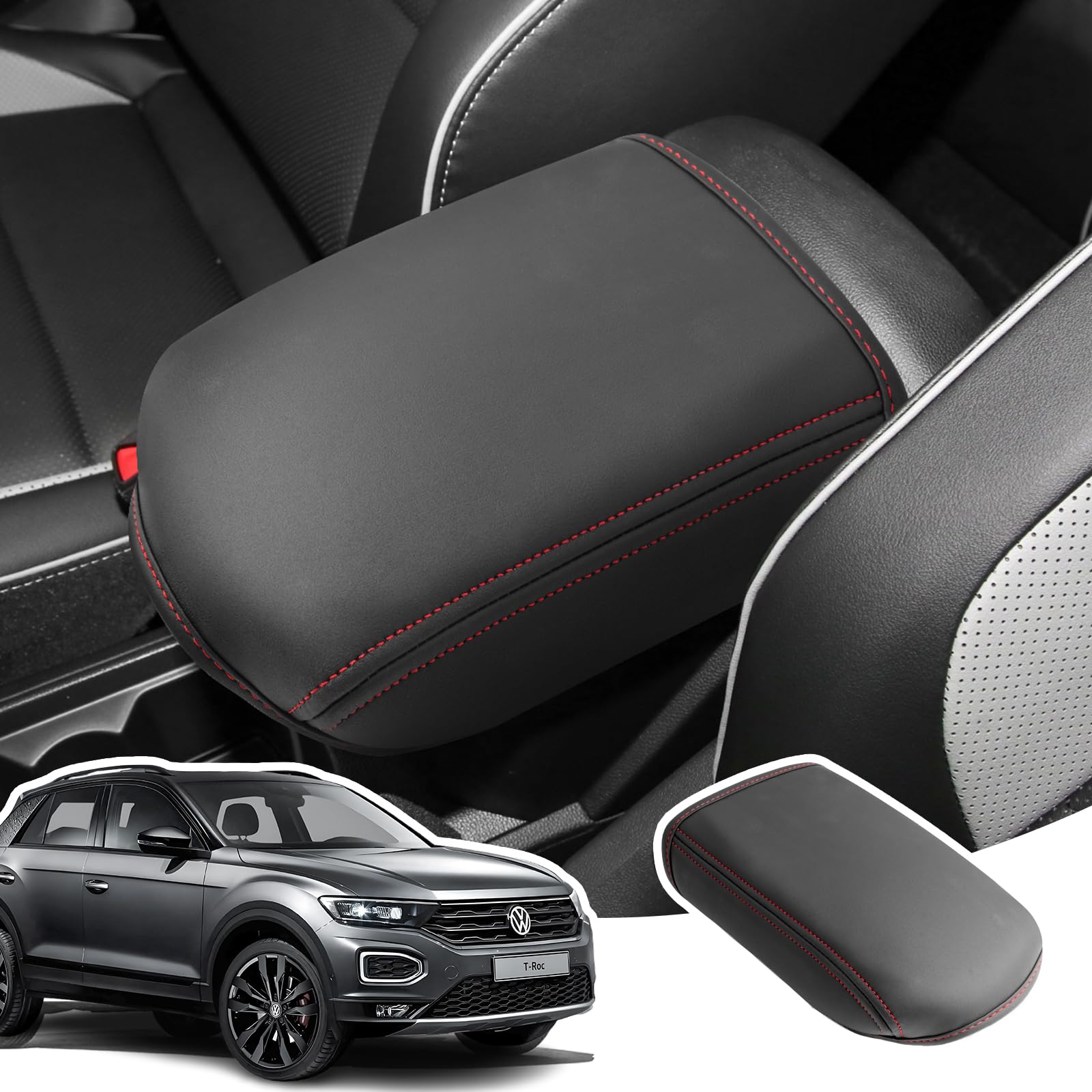 LANGBEAN Armlehnenabdeckung für VW Troc 2018-2025, Mittelarmlehne Abdeckung aus PU-Leder, Troc Armlehnenschutzhülle Mittelkonsole Zubehör zur Erhöhung der Armlehne, Rot von LANGBEAN