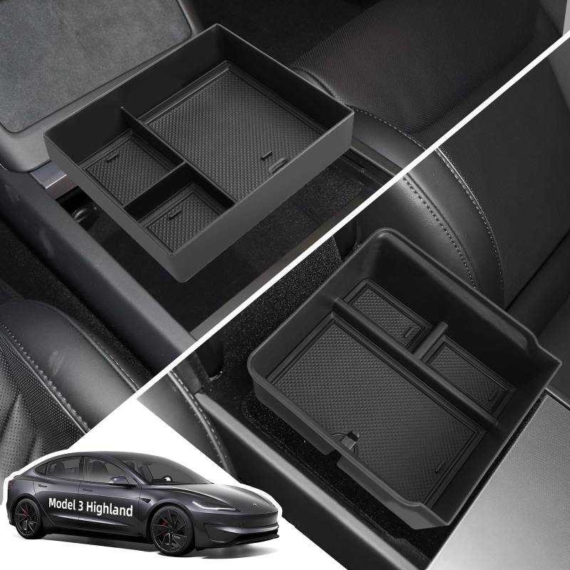 LANGBEAN Aufbewahrungsboxen für Tesla Model 3 Highland, Mittelkonsole Organizer mit Rutschfesten Matten, Armlehne Organizer Tablett, Organizer Zubehör für Tesla Model 3 2024 2025, 2 Stück Schwarz von LANGBEAN