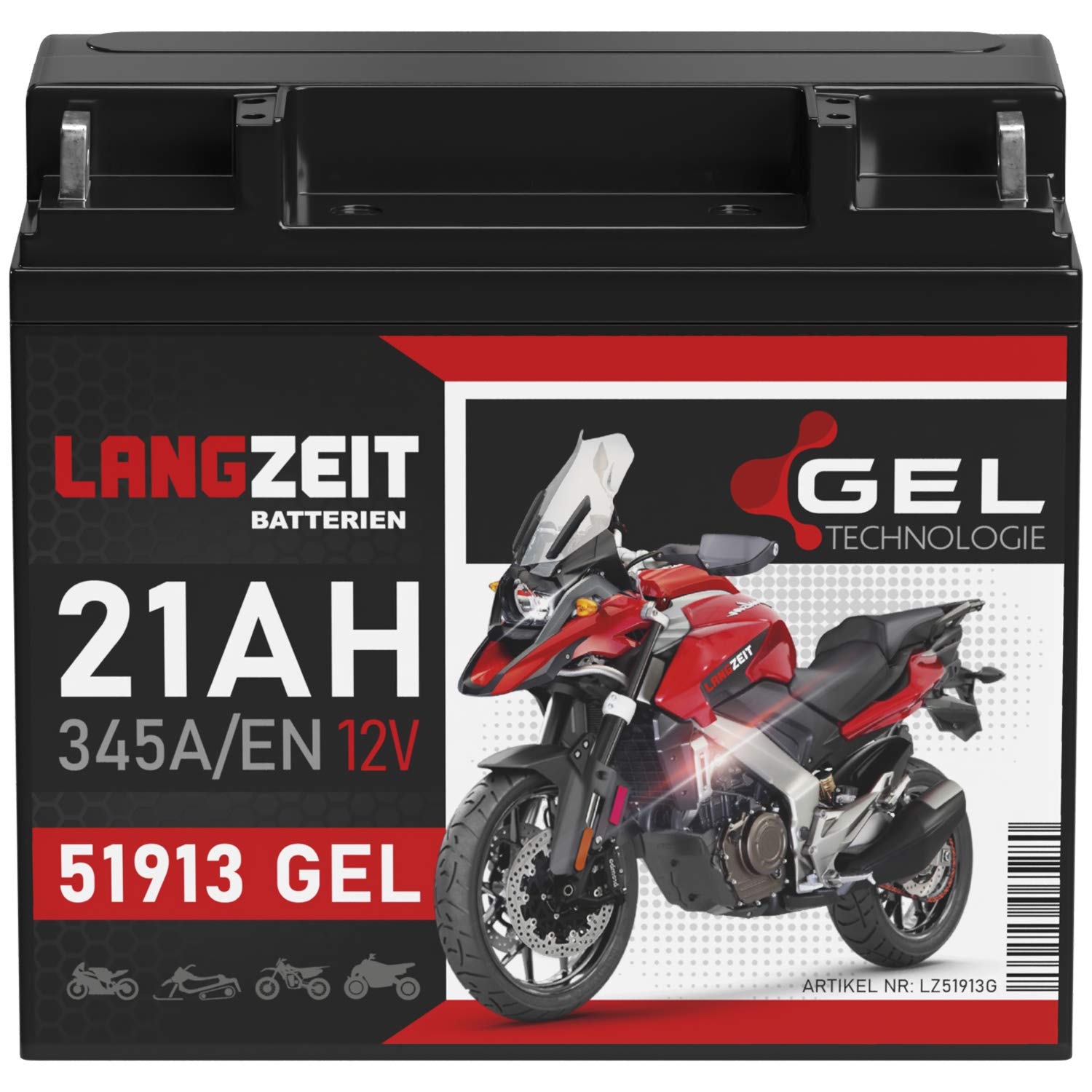 LANGZEIT 51913 GEL Motorradbatterie 12V 21Ah 345A/EN Gel Batterie 519013017 ABS 19Ah G19 doppelte Lebensdauer vorgeladen auslaufsicher wartungsfrei von LANGZEIT Batterien
