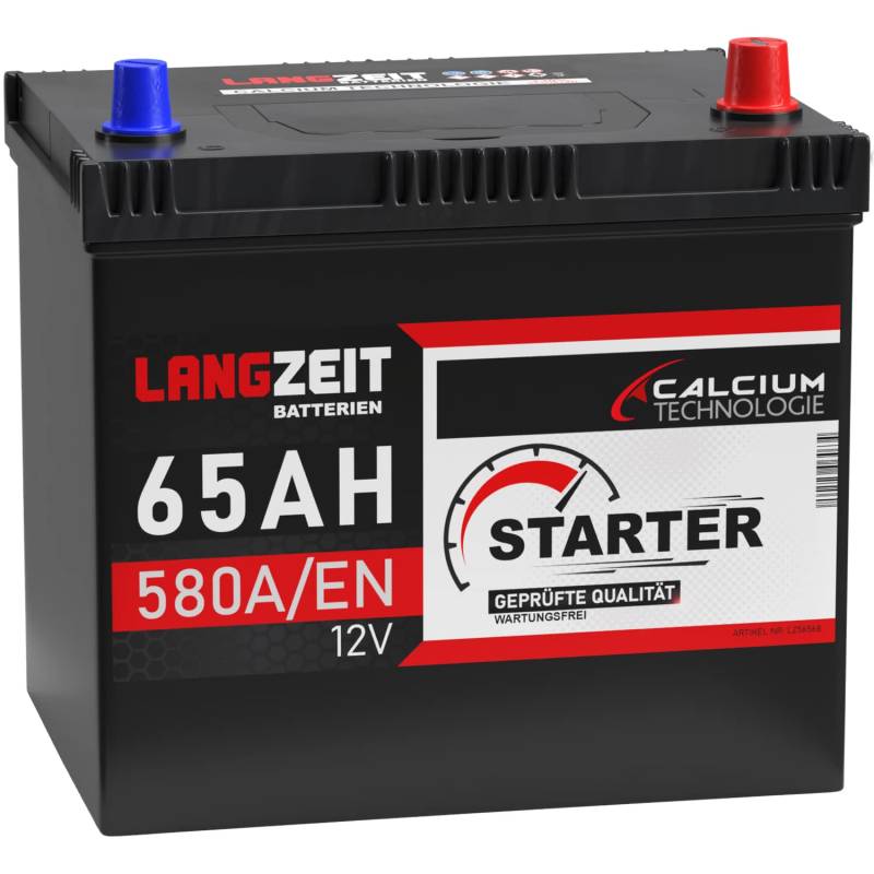 LANGZEIT ASIA Autobatterie 65Ah 12V 580A/EN ASIA Batterie Plus-Pol Rechts 30% mehr Startleistung ersetzt 60Ah von LANGZEIT Batterien