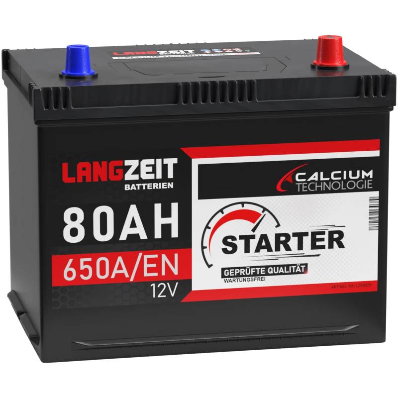 LANGZEIT ASIA Autobatterie 80Ah 12V 650A/EN ASIA Batterie Plus-Pol Rechts 30% mehr Startleistung ersetzt 70Ah 75Ah von LANGZEIT Batterien