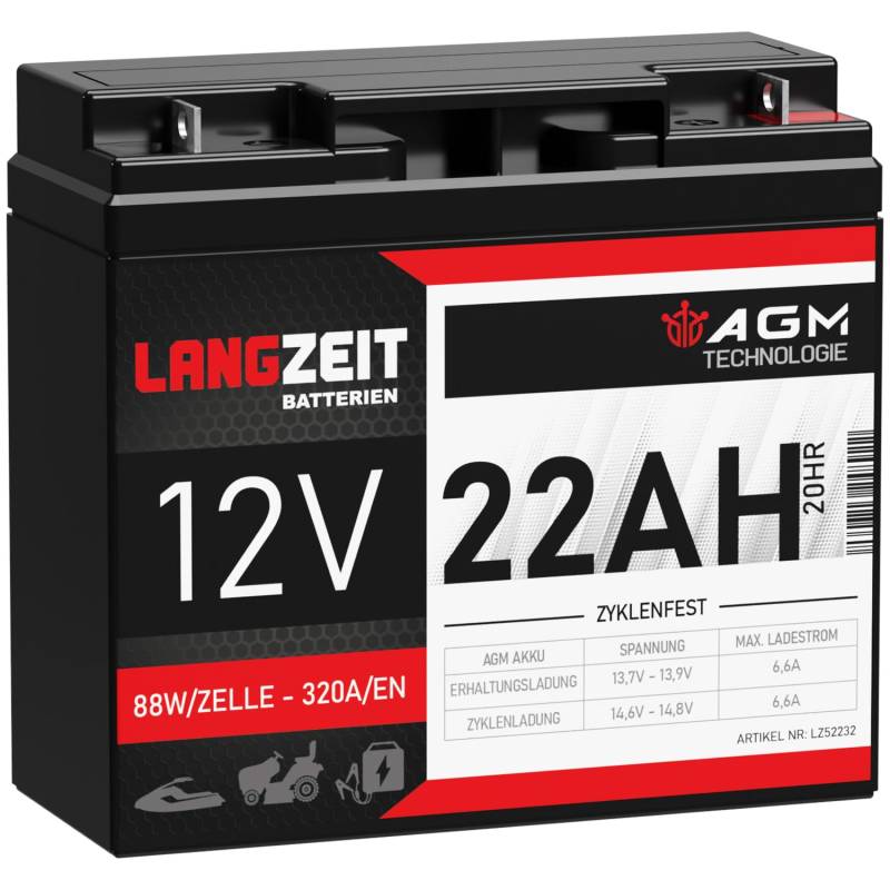 LANGZEIT Akku 12V 22Ah AGM Blei-Akku Rasentraktor Batterie Hochstrombatterie ersetzt 18Ah 19Ah 20Ah 21Ah LC-RD1217P LC-X1220P Profi USV Batterie von LANGZEIT Batterien