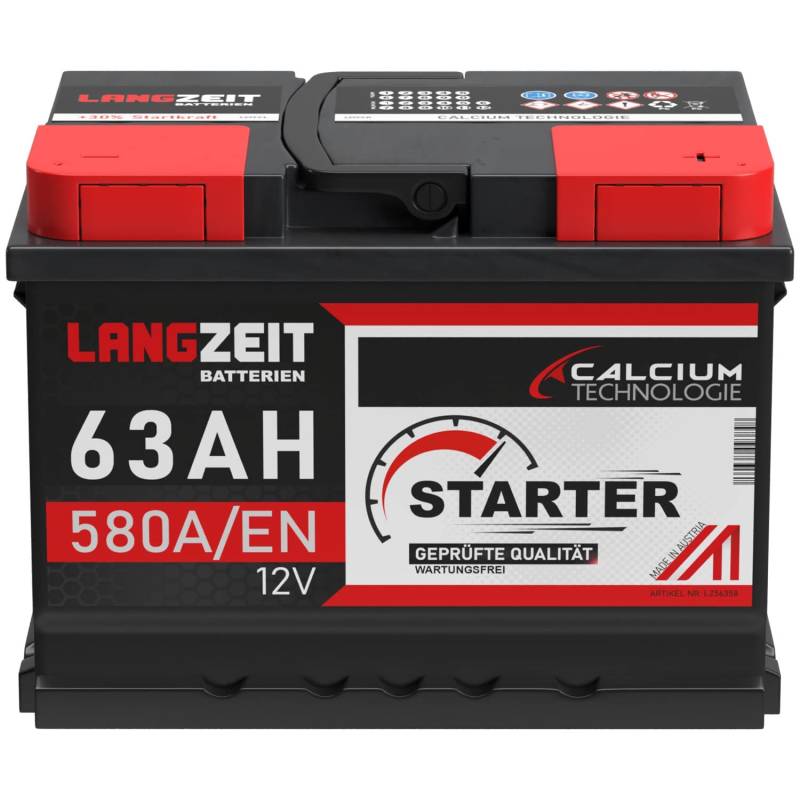 LANGZEIT lead acid, Autobatterie 63AH 12V 580A/EN Starterbatterie +30% mehr Leistung ersetzt Batterie 60AH 54AH 55AH 56AH 62AH 65AH, Kompatibel mit PKW von LANGZEIT Batterien