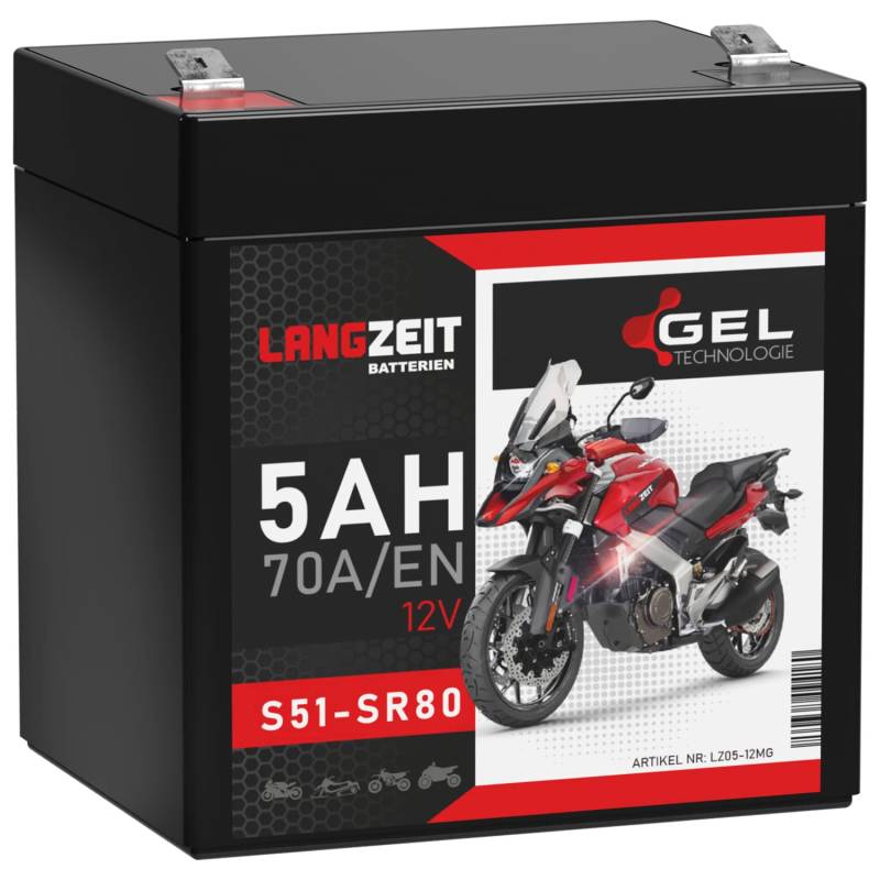 LANGZEIT GEL Batterie 12V 5Ah 70A/EN Motorradbatterie SIMSON S50 S51 S70 S71 SR50 SR80 doppelte Lebensdauer auslaufsicher ersetzt 4,5Ah von LANGZEIT Batterien
