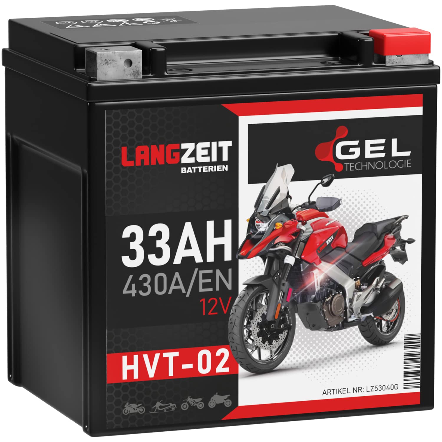 LANGZEIT HVT-02 HVT-2 Motorradbatterie GEL 12V 33Ah 430A/EN Gel Batterie 12V YB30L-B YIX30L-BS 53040 doppelte Lebensdauer vorgeladen auslaufsicher wartungsfrei ersetzt 32Ah 30Ah von LANGZEIT Batterien