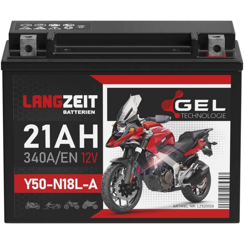 LANGZEIT Y50-N18L-A Motorradbatterie 12V 21Ah 340A/EN GEL Batterie 12V 52012 52016 C50-N18L-A Y50N18L-A2 doppelte Lebensdauer vorgeladen auslaufsicher wartungsfrei von LANGZEIT Batterien