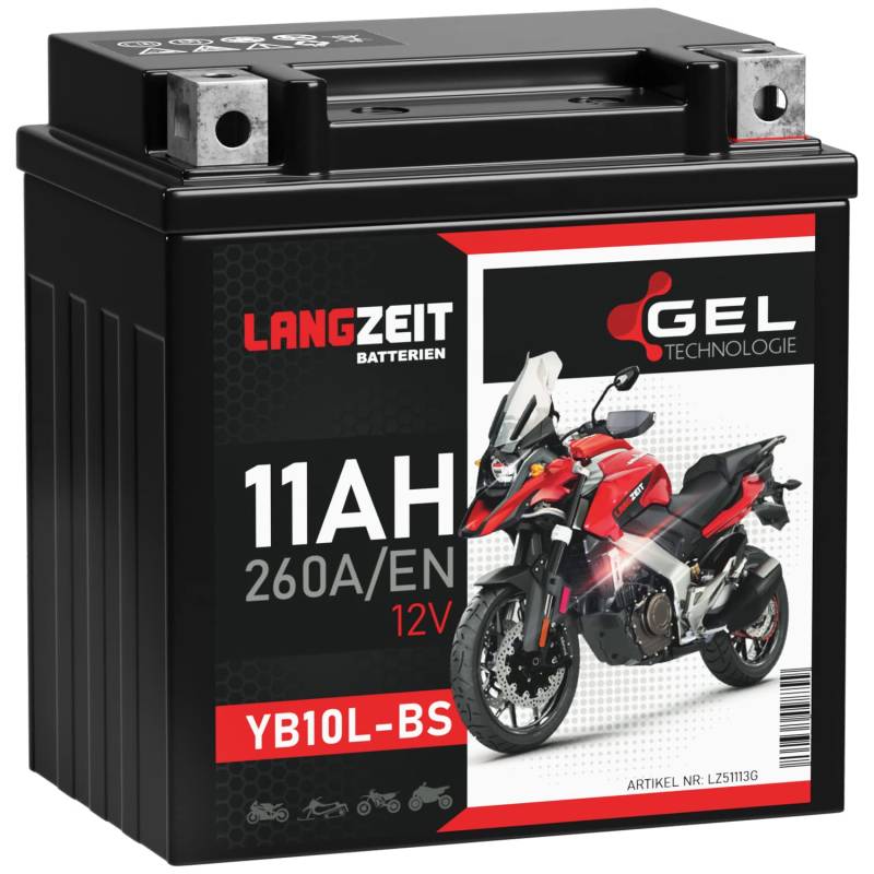 LANGZEIT YB10L-BS Motorradbatterie GEL 12V 11Ah 260A/EN 51113 YB10L-A2 YB10L-B2 Batterie 12V doppelte Lebensdauer vorgeladen auslaufsicher wartungsfrei von LANGZEIT Batterien