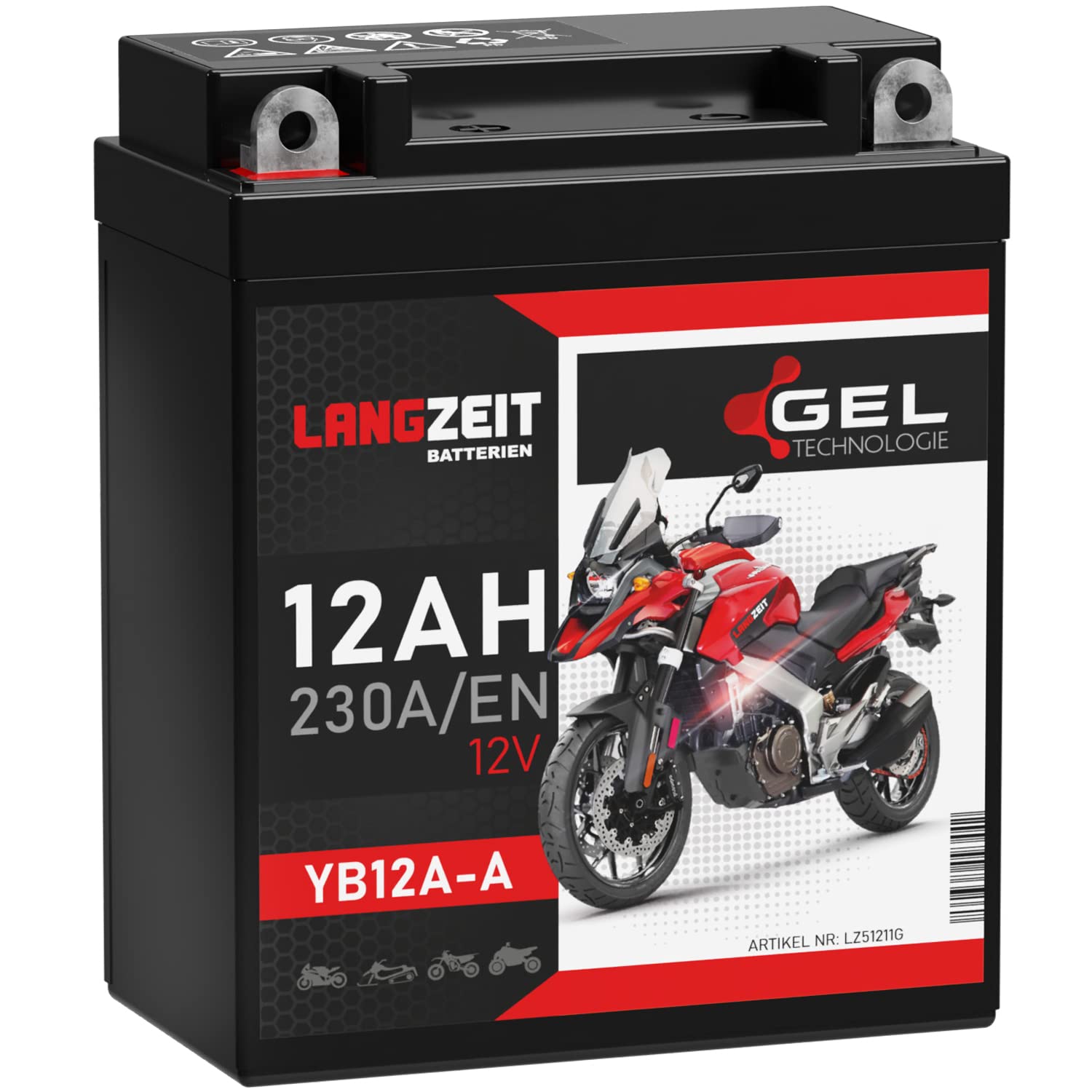 LANGZEIT YB12A-A GEL Motorradbatterie 12V 12Ah 230A/EN 51211 YB12A-B CB12A-A Gel Batterie 12V doppelte Lebensdauer vorgeladen auslaufsicher wartungsfrei ersetzt 10Ah von LANGZEIT Batterien