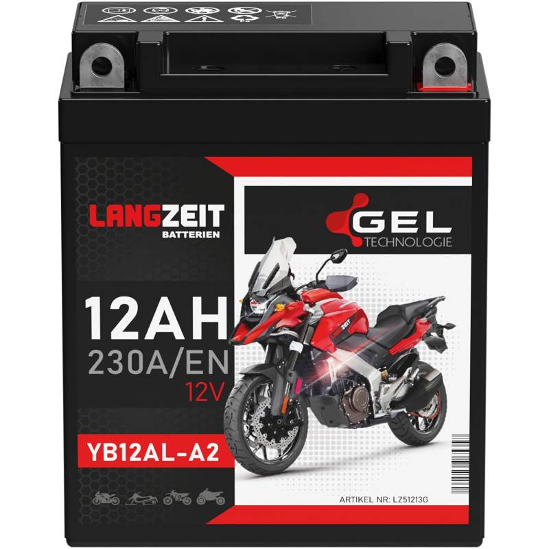 LANGZEIT YB12AL-A2 GEL Motorradbatterie 12V 12Ah 230A/EN 51213 GEL12-12AL-A YB12AL-A Gel Batterie 12V doppelte Lebensdauer vorgeladen auslaufsicher wartungsfrei ersetzt 10Ah von LANGZEIT Batterien