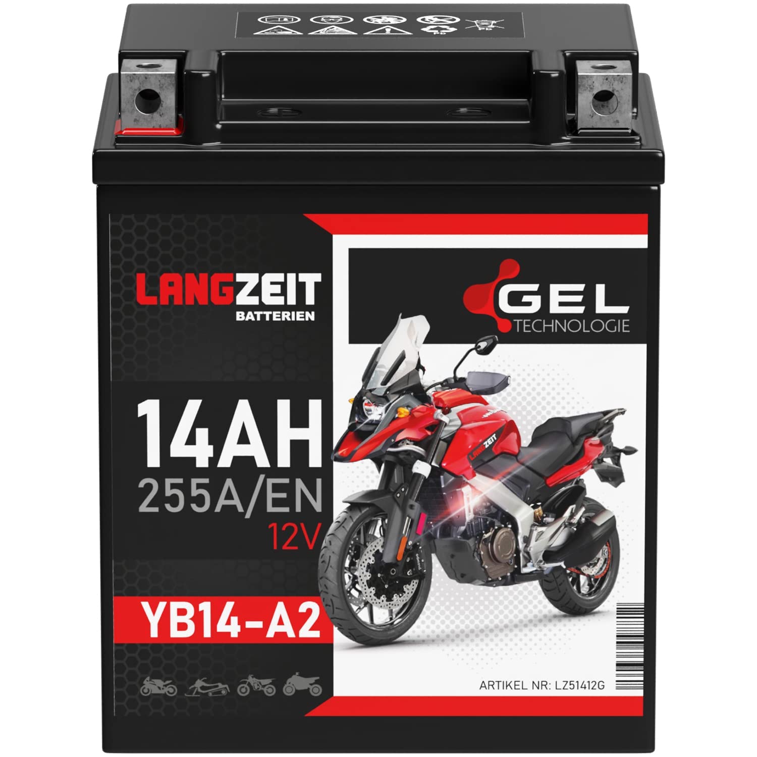 LANGZEIT YB14-A2 Motorradbatterie 12V 14Ah 255A/EN GEL Batterie 12V 51412 CB14-A2 FB14-A2 6Y4P doppelte Lebensdauer vorgeladen auslaufsicher wartungsfrei von LANGZEIT Batterien