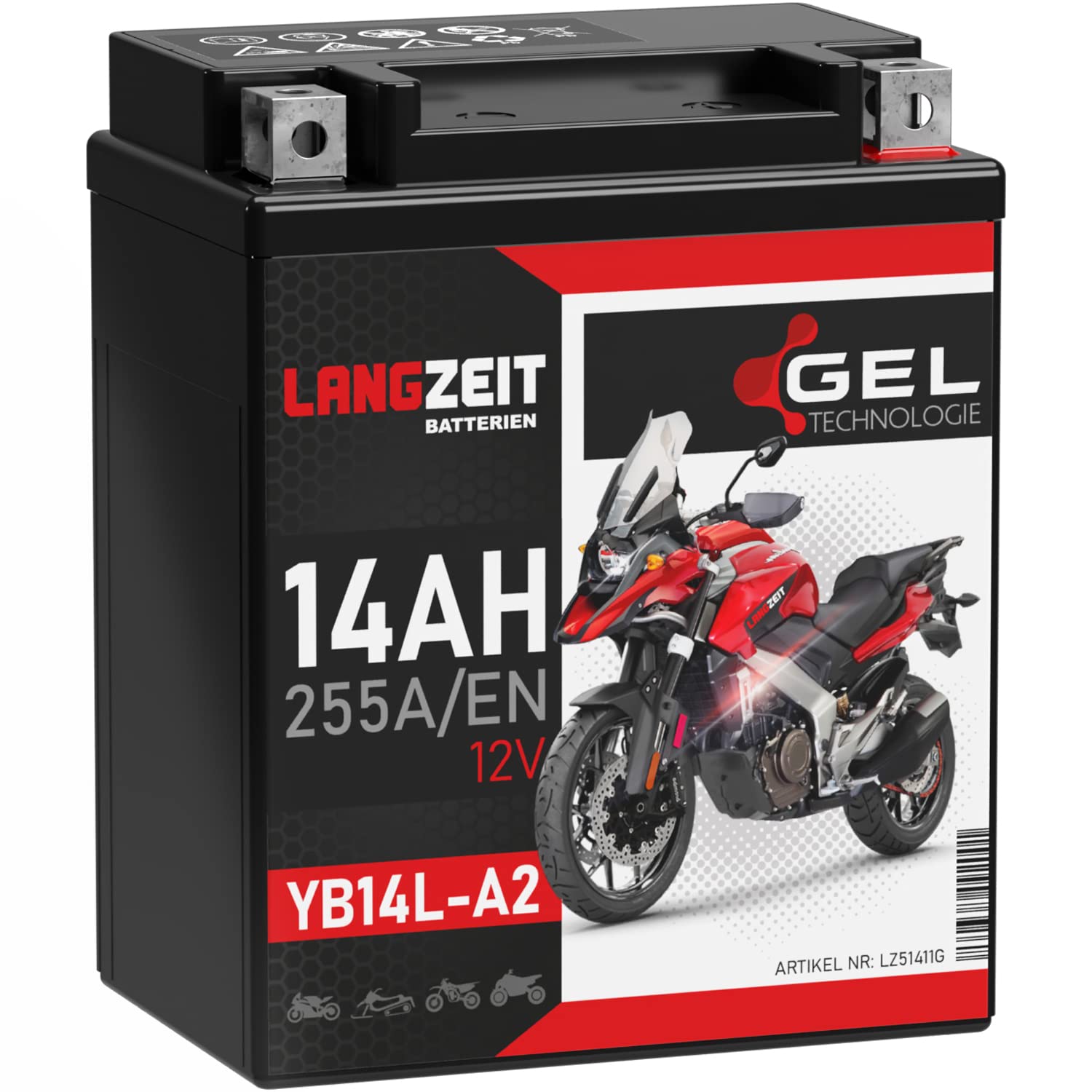 LANGZEIT YB14L-A2 GEL Motorradbatterie 12V 14Ah 255A/EN GEL Batterie 12V 51411 12N14-3A FB14L-A2 doppelte Lebensdauer vorgeladen auslaufsicher wartungsfrei von LANGZEIT Batterien