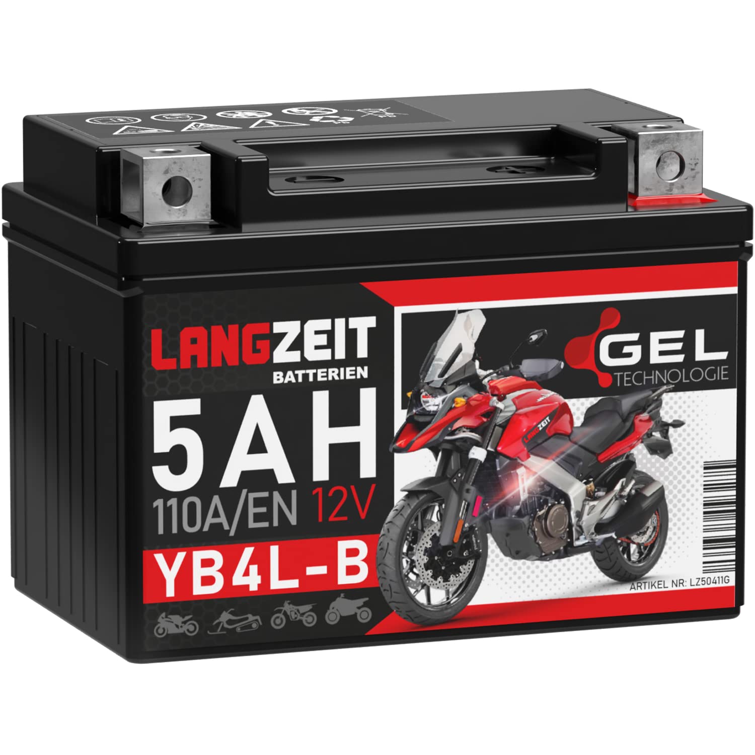 LANGZEIT YB4L-B GEL Roller Batterie 12V 5Ah 110A/EN GEL Batterie 12V Motorradbatterie doppelte Lebensdauer entspricht CB4L-B 50411 12N4-3B YB4L-A ersetzt 4Ah vorgeladen auslaufsicher wartungsfrei von LANGZEIT Batterien