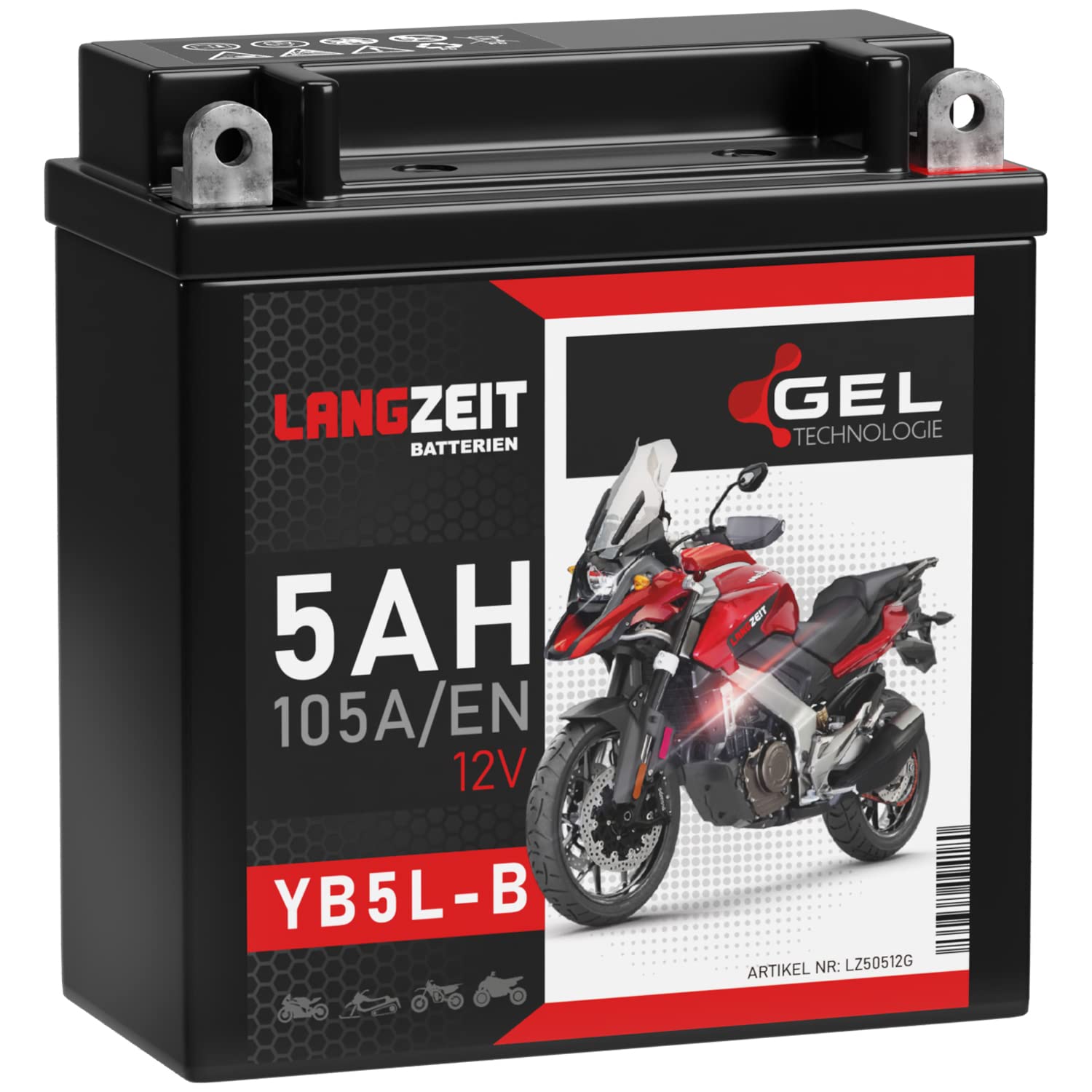 LANGZEIT YB5L-B GEL Motorradbatterie 12V 5Ah 105A/EN Gel Batterie 12V Roller Batterie doppelte Lebensdauer entspricht 50512 CB5L-B 12N5.5-3B vorgeladen auslaufsicher wartungsfrei ersetzt 4Ah von LANGZEIT Batterien
