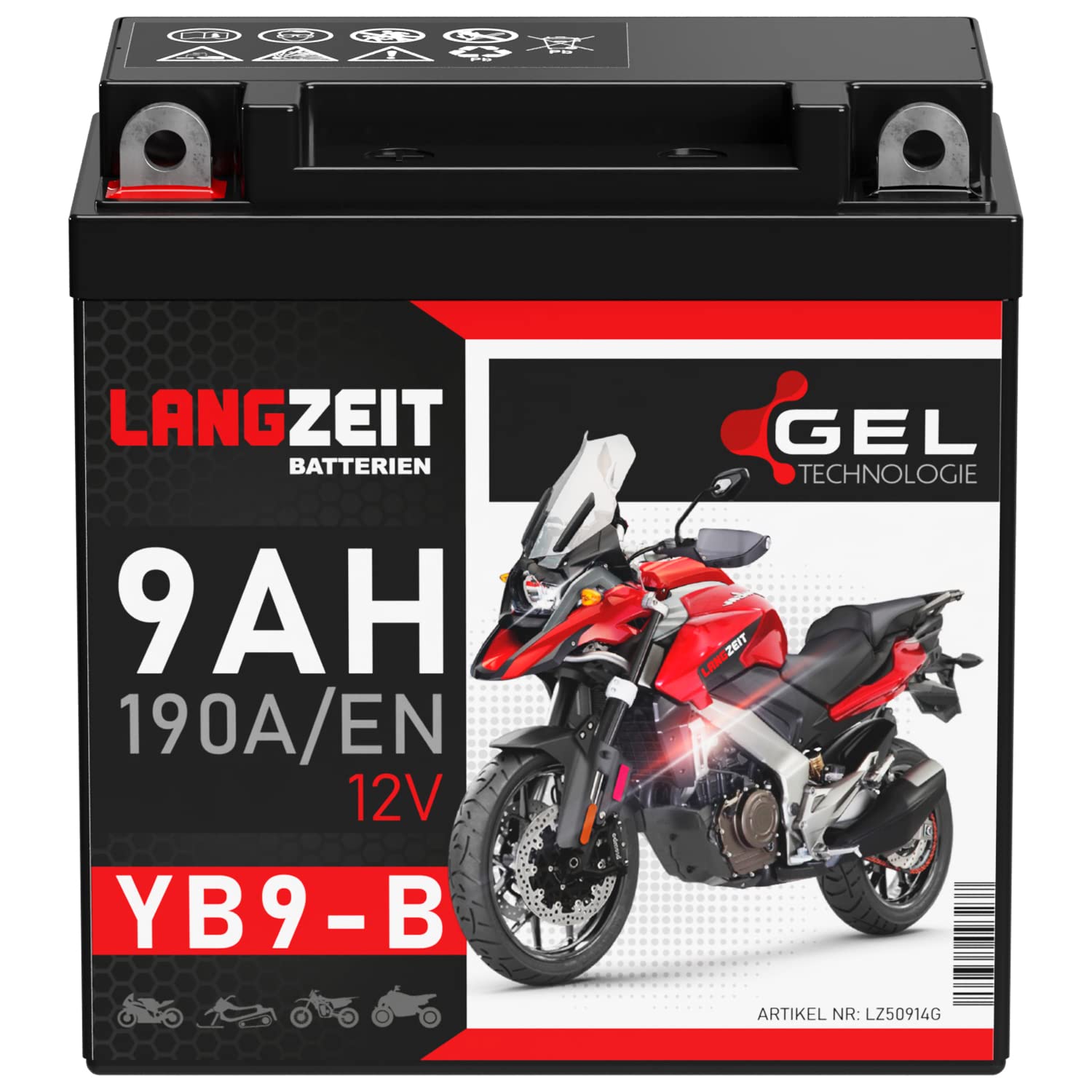 LANGZEIT YB9-B Motorradbatterie 12V 9Ah 190A/EN Gel Batterie 12V doppelte Lebensdauer entspricht YB9-BS CB9-B 50914 GM9Z 12N9-4B-1 vorgeladen auslaufsicher wartungsfrei ersetzt 8Ah von LANGZEIT Batterien