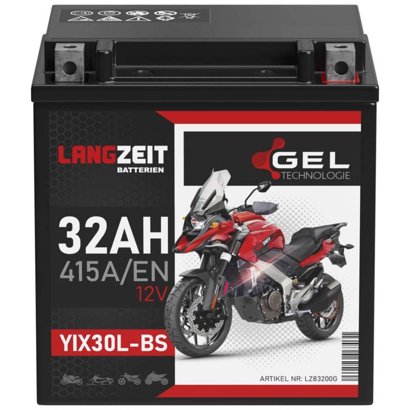 LANGZEIT YIX30L-BS GEL Motorradbatterie 12V 32Ah 415A/EN Gel Batterie 12V YB30L-BS 83200 doppelte Lebensdauer vorgeladen auslaufsicher wartungsfrei ersetzt 30Ah von LANGZEIT Batterien