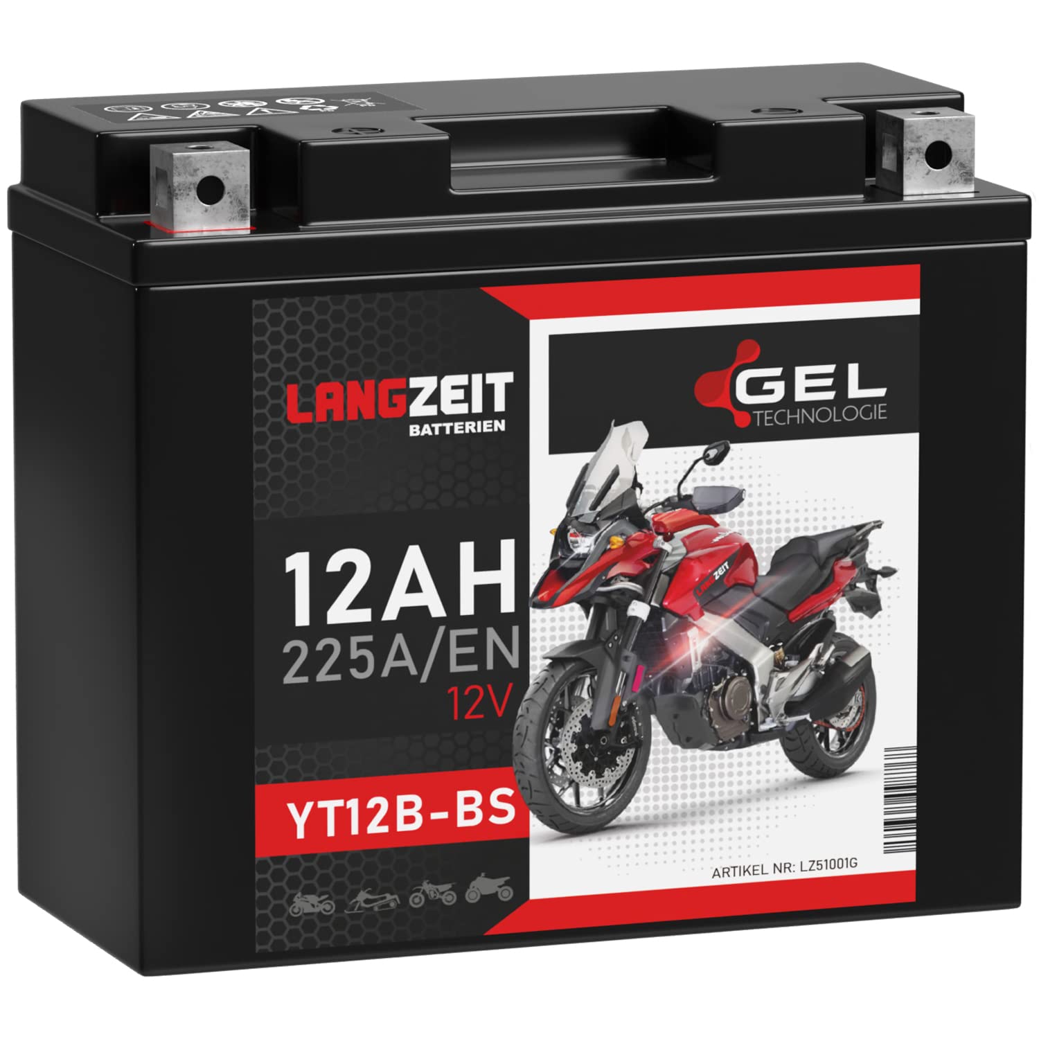 LANGZEIT YT12B-BS Motorradbatterie 12V 12Ah 225A/EN GEL Batterie 12V 51001 51015 YT12-B4 GT12B-4 CT12B-4 doppelte Lebensdauer vorgeladen auslaufsicher wartungsfrei LANGZEIT YT12B-BS Motorradbatterie 12V 12Ah 225A/EN GEL Batterie 12V 51001 51015 YT12-B4 GT12B-4 CT12B-4 doppelte Lebensdauer vorgeladen auslaufsicher wartungsfrei von LANGZEIT Batterien