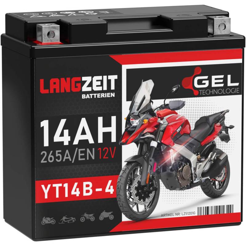 LANGZEIT YT14B-4 Motorradbatterie 12V 14Ah 265A/EN Gel Batterie 12V doppelte Lebensdauer entspricht 51201 51422 GT14B-4 YT14B-BS vorgeladen auslaufsicher wartungsfrei von LANGZEIT Batterien